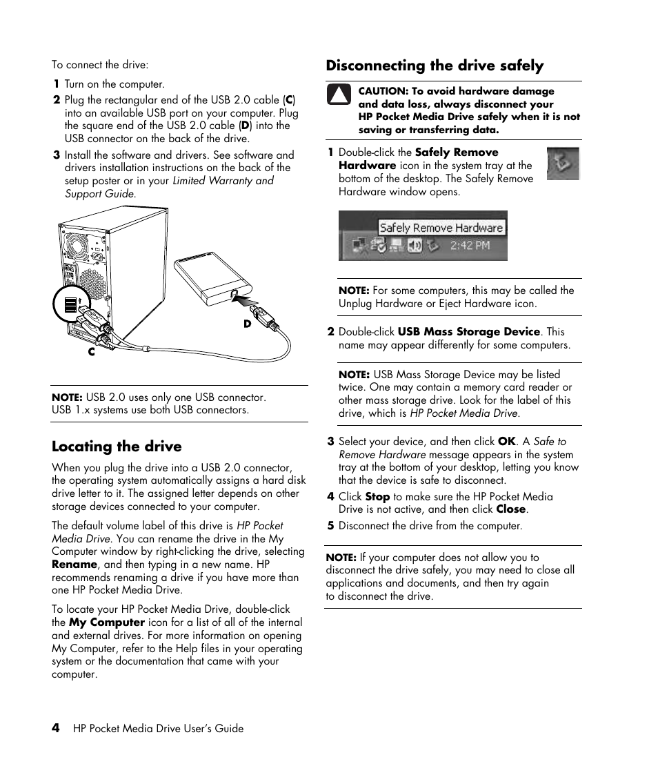 Locating the drive, Disconnecting the drive safely | HP PD0800 Pocket Media Drive User Manual | Page 8 / 12