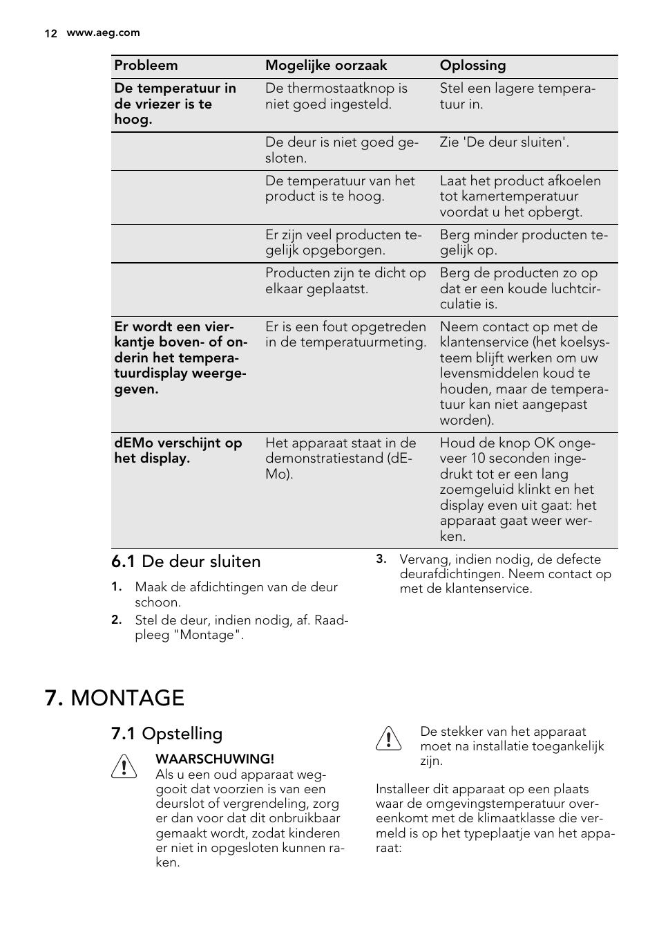 Montage, 1 de deur sluiten, 1 opstelling | AEG AGS77200F0 User Manual | Page 12 / 92