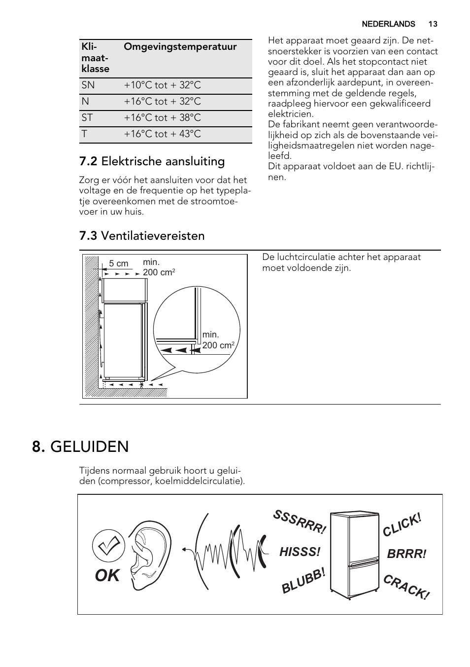 Geluiden, 2 elektrische aansluiting, 3 ventilatievereisten | Brrr, Hisss! click! blubb! crack! sssrr | AEG AGS77200F0 User Manual | Page 13 / 92