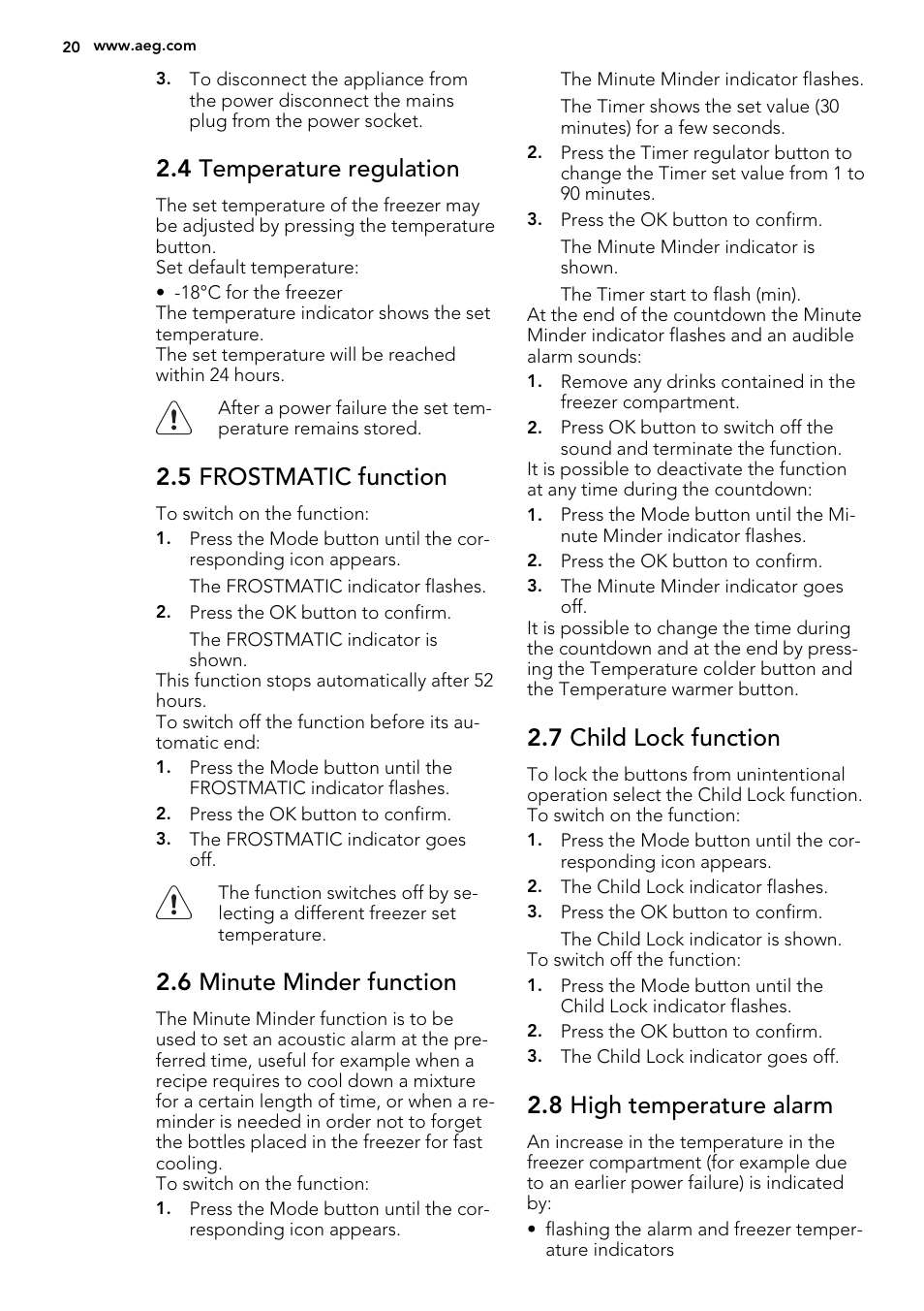 4 temperature regulation, 5 frostmatic function, 6 minute minder function | 7 child lock function, 8 high temperature alarm | AEG AGS77200F0 User Manual | Page 20 / 92