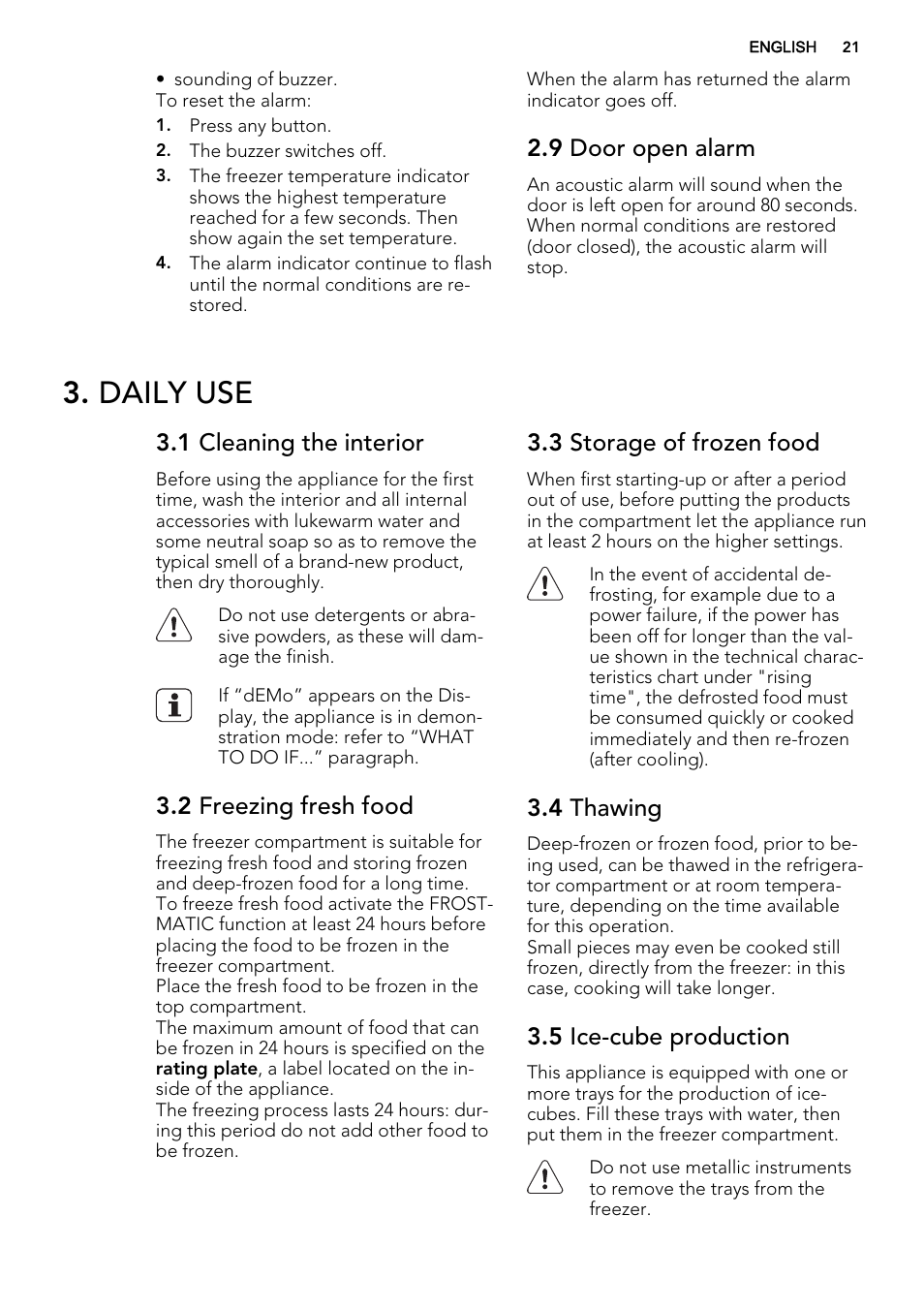 Daily use, 9 door open alarm, 1 cleaning the interior | 2 freezing fresh food, 3 storage of frozen food, 4 thawing, 5 ice-cube production | AEG AGS77200F0 User Manual | Page 21 / 92