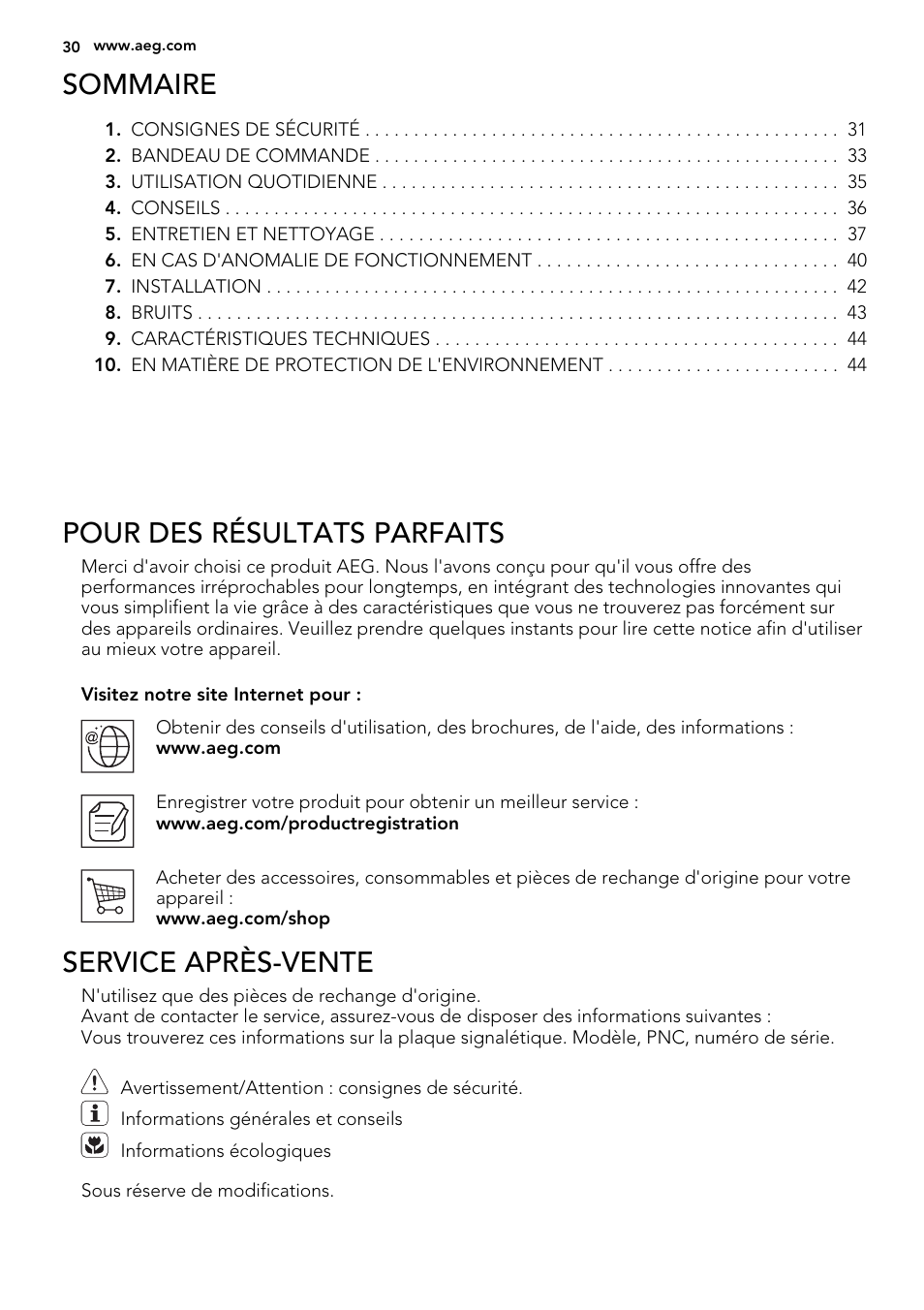 Sommaire, Pour des résultats parfaits, Service après-vente | AEG AGS77200F0 User Manual | Page 30 / 92