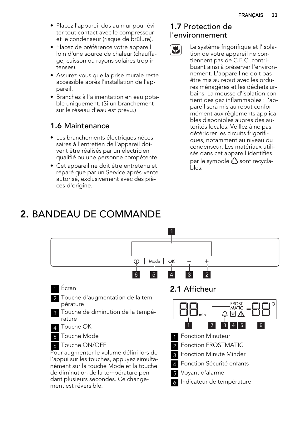 Bandeau de commande, 6 maintenance, 7 protection de l'environnement | 1 afficheur | AEG AGS77200F0 User Manual | Page 33 / 92