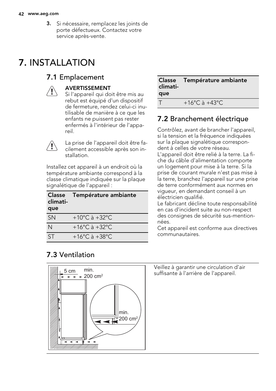 Installation, 1 emplacement, 2 branchement électrique | 3 ventilation | AEG AGS77200F0 User Manual | Page 42 / 92