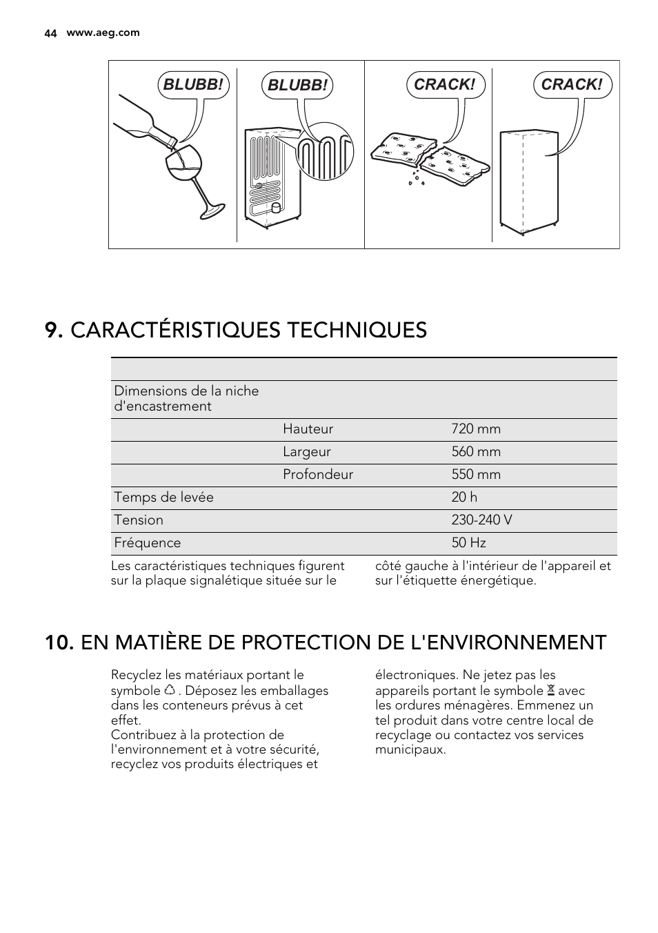 Caractéristiques techniques, En matière de protection de l'environnement | AEG AGS77200F0 User Manual | Page 44 / 92