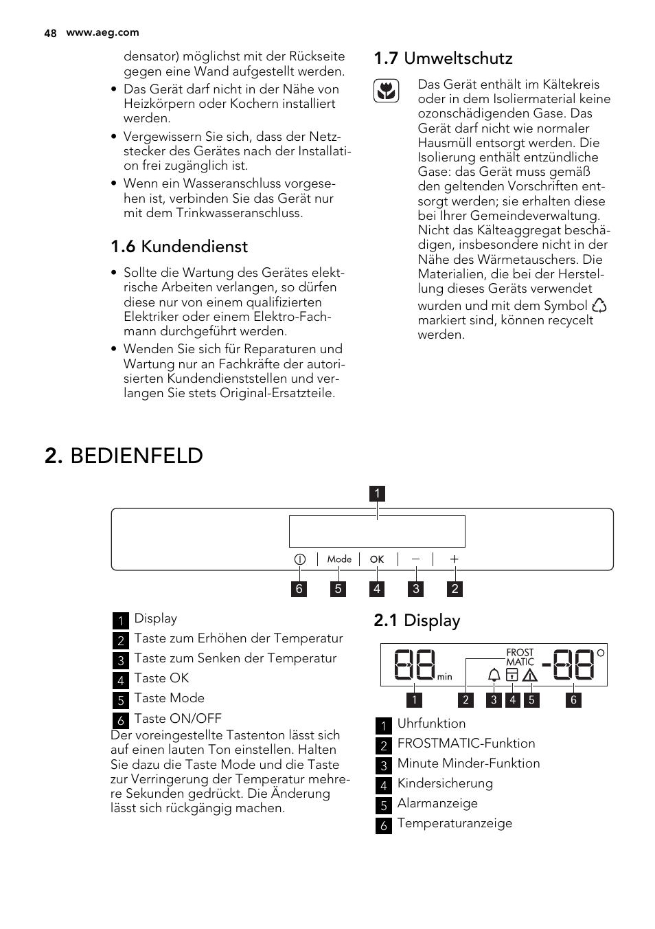 Bedienfeld, 6 kundendienst, 7 umweltschutz | 1 display | AEG AGS77200F0 User Manual | Page 48 / 92