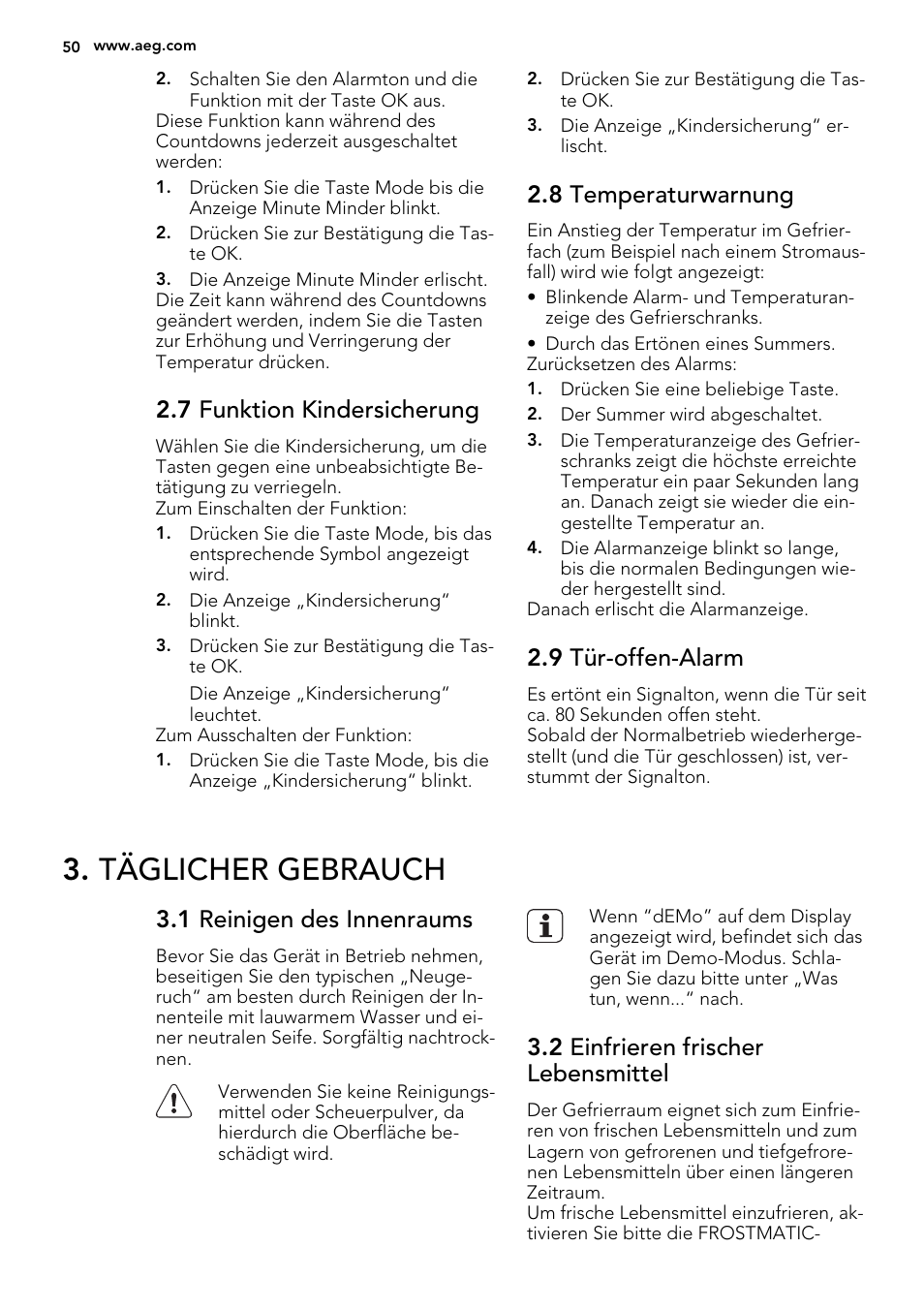 Täglicher gebrauch, 7 funktion kindersicherung, 8 temperaturwarnung | 9 tür-offen-alarm, 1 reinigen des innenraums, 2 einfrieren frischer lebensmittel | AEG AGS77200F0 User Manual | Page 50 / 92