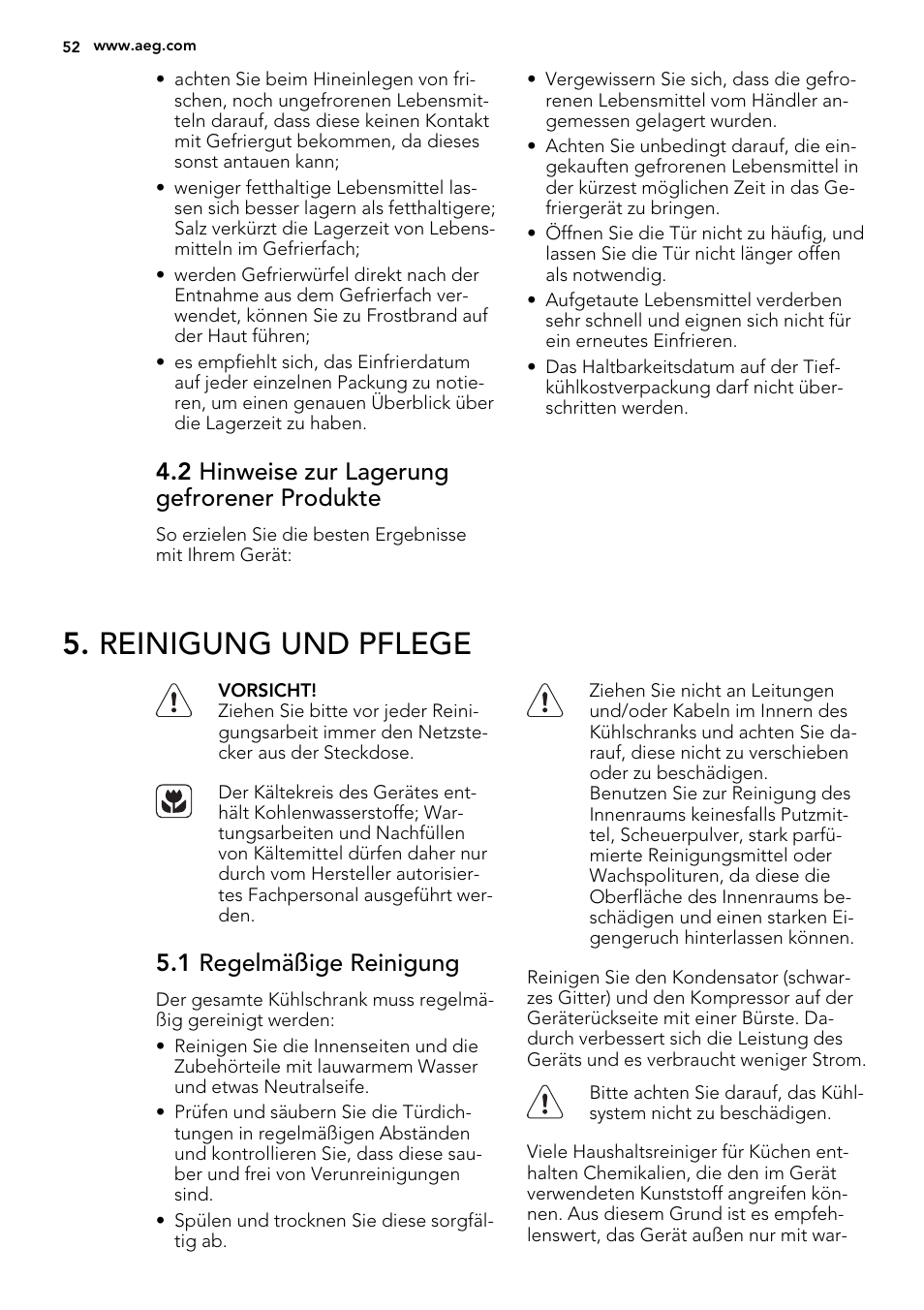 Reinigung und pflege, 2 hinweise zur lagerung gefrorener produkte, 1 regelmäßige reinigung | AEG AGS77200F0 User Manual | Page 52 / 92