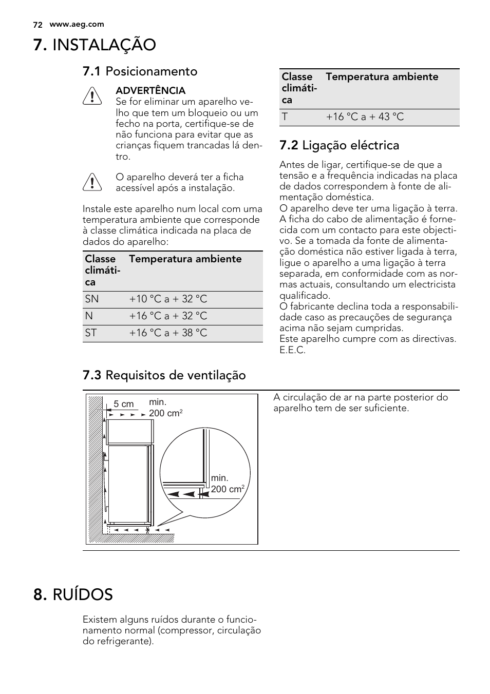 Instalação, Ruídos, 1 posicionamento | 2 ligação eléctrica, 3 requisitos de ventilação | AEG AGS77200F0 User Manual | Page 72 / 92