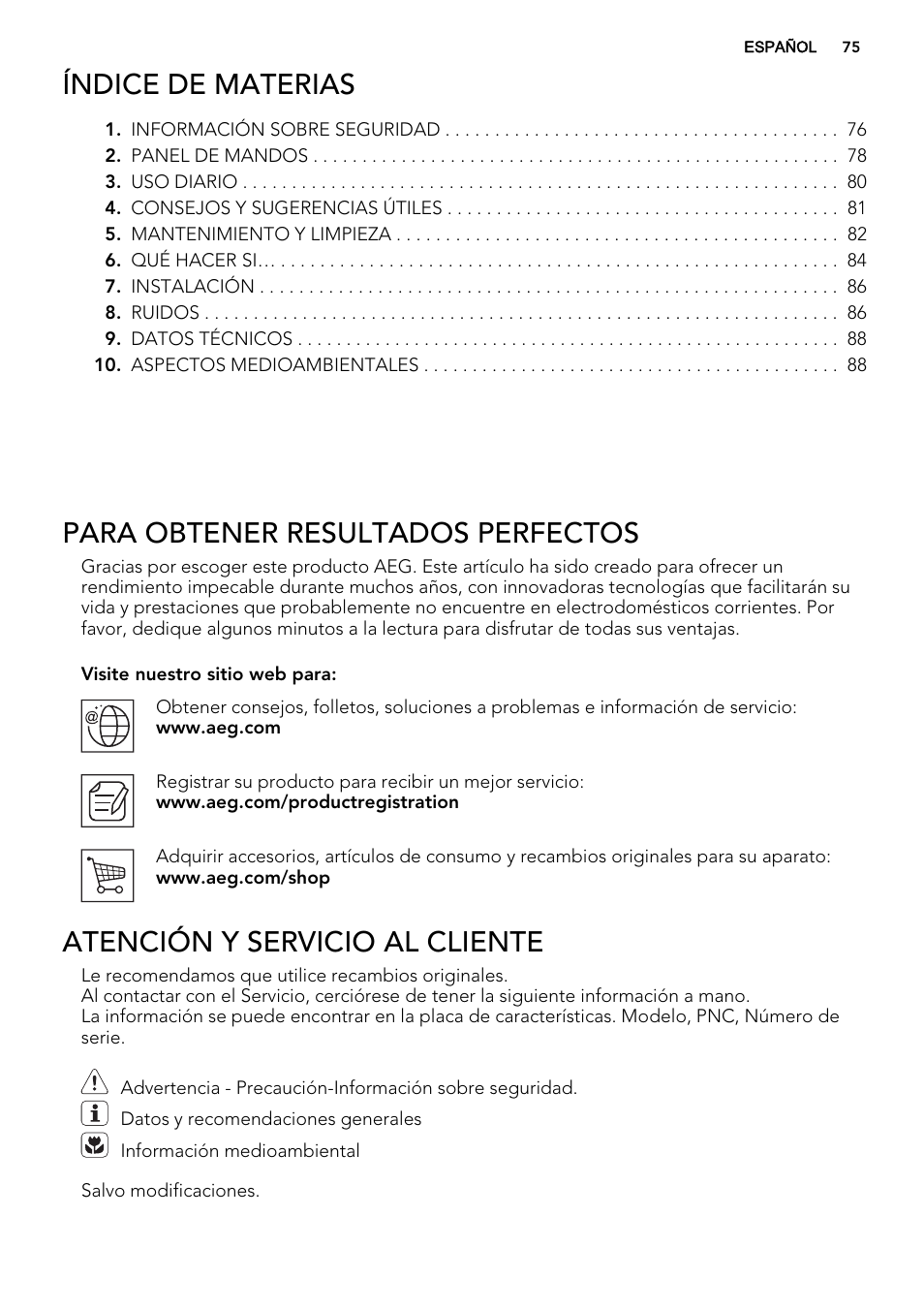 Índice de materias, Para obtener resultados perfectos, Atención y servicio al cliente | AEG AGS77200F0 User Manual | Page 75 / 92