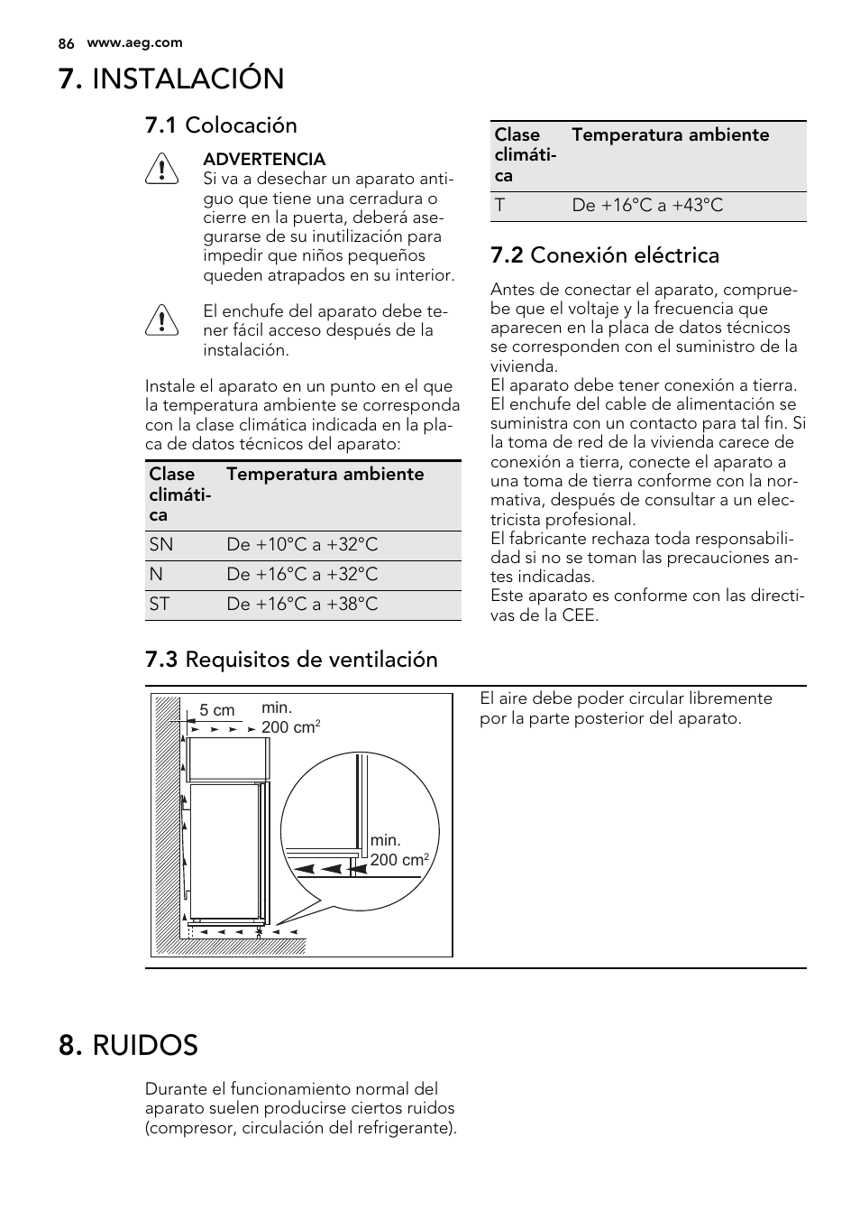 Instalación, Ruidos, 1 colocación | 2 conexión eléctrica, 3 requisitos de ventilación | AEG AGS77200F0 User Manual | Page 86 / 92