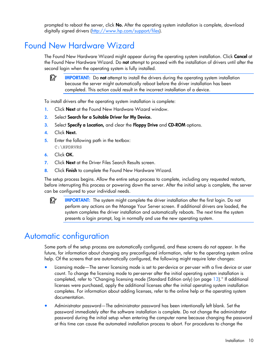Found new hardware wizard, Automatic configuration | HP ProLiant DL380 G5 Server User Manual | Page 10 / 20