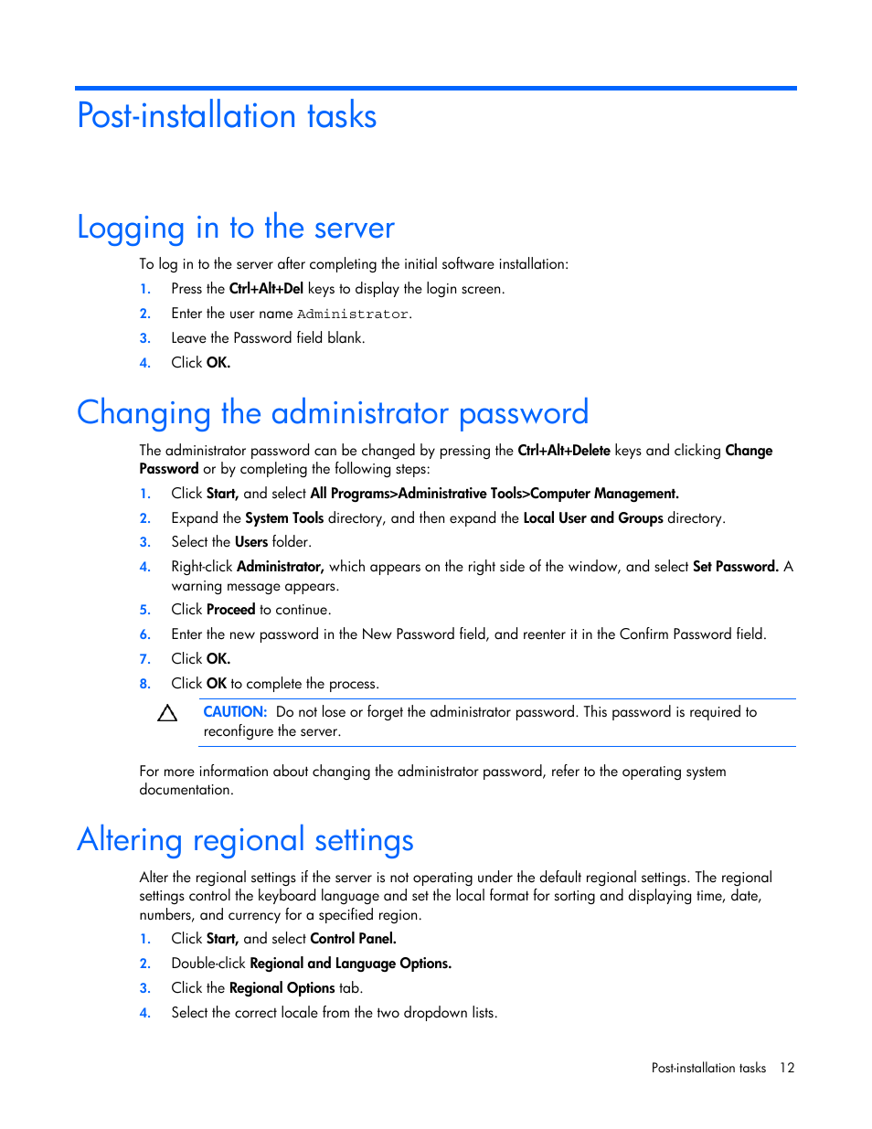 Post-installation tasks, Logging in to the server, Changing the administrator password | Altering regional settings | HP ProLiant DL380 G5 Server User Manual | Page 12 / 20