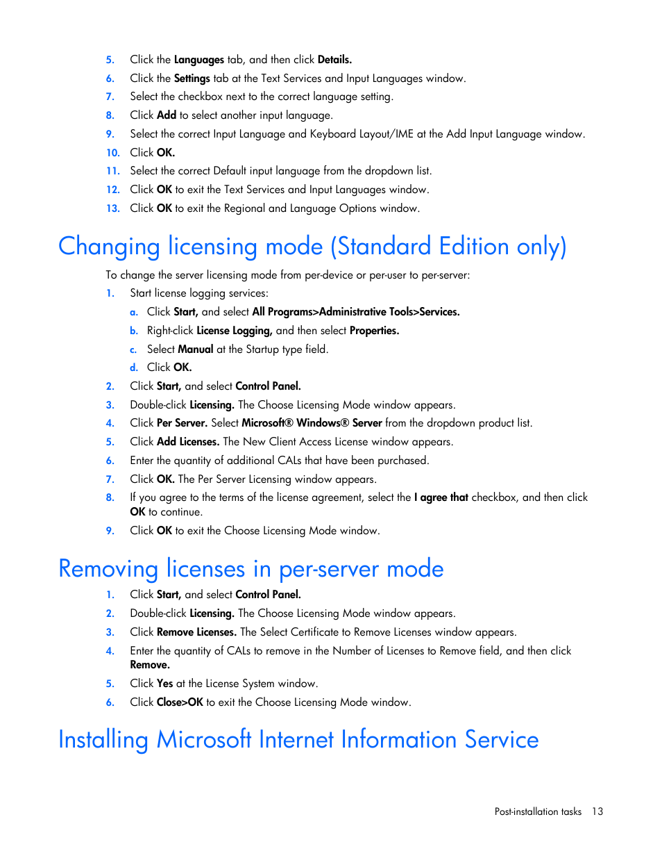 Changing licensing mode (standard edition only), Removing licenses in per-server mode, Installing microsoft internet information service | HP ProLiant DL380 G5 Server User Manual | Page 13 / 20