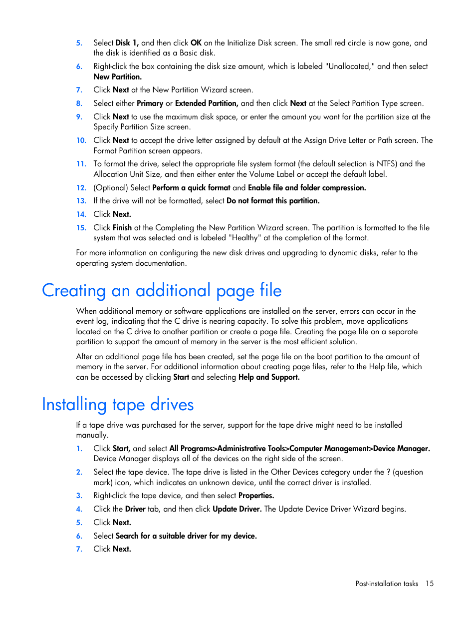 Installing tape drives, Creating an additional page file | HP ProLiant DL380 G5 Server User Manual | Page 15 / 20