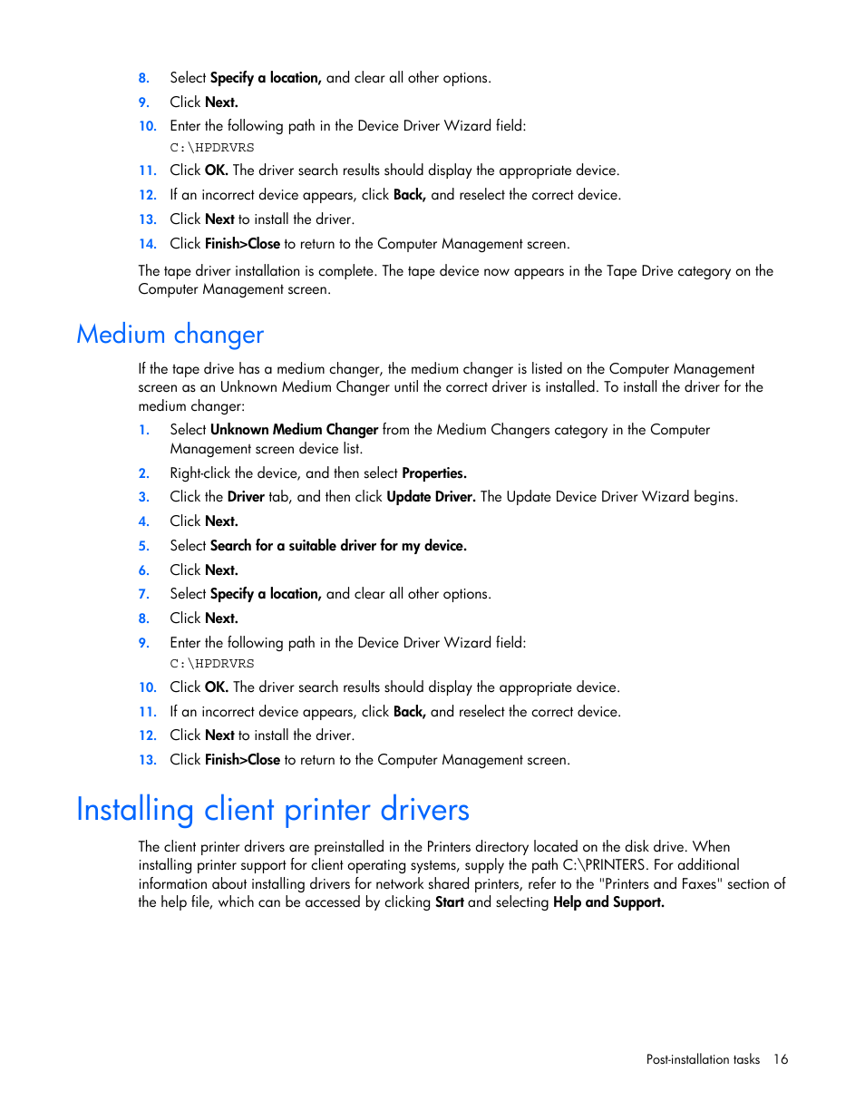 Medium changer, Installing client printer drivers | HP ProLiant DL380 G5 Server User Manual | Page 16 / 20