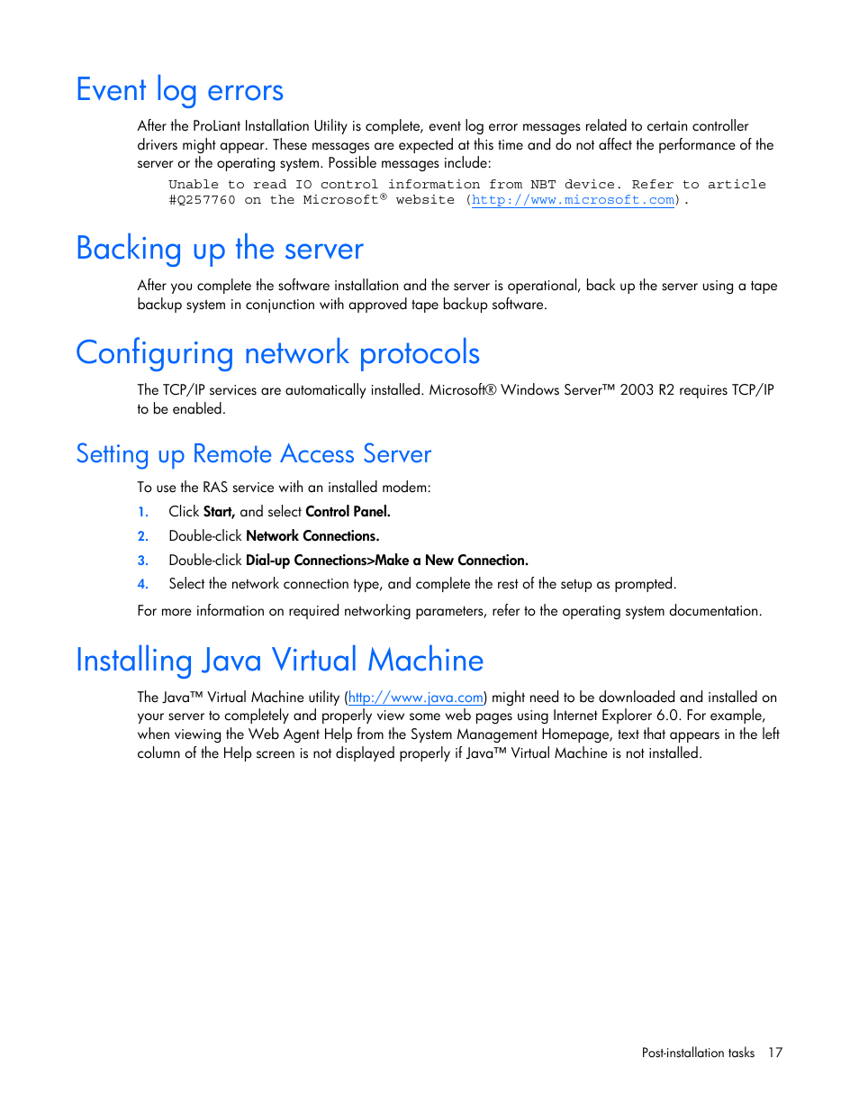 Event log errors, Backing up the server, Configuring network protocols | Setting up remote access server, Installing java virtual machine | HP ProLiant DL380 G5 Server User Manual | Page 17 / 20
