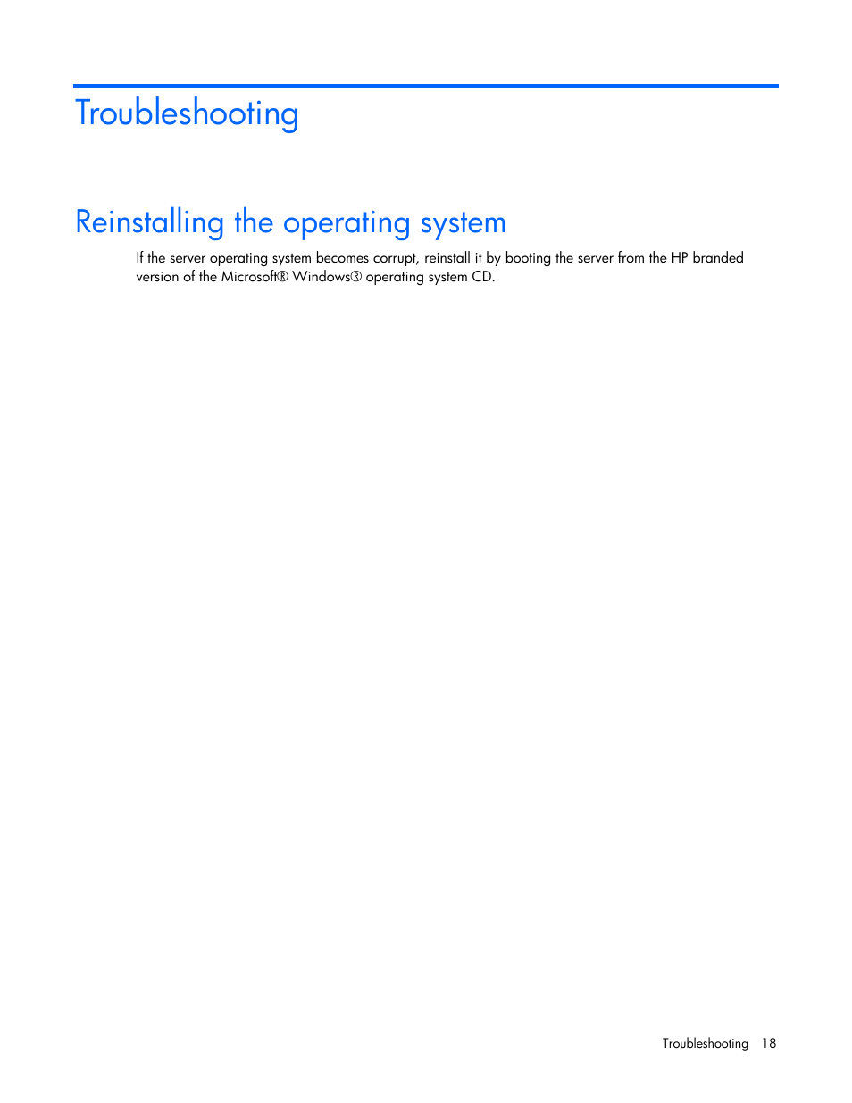 Troubleshooting, Reinstalling the operating system | HP ProLiant DL380 G5 Server User Manual | Page 18 / 20