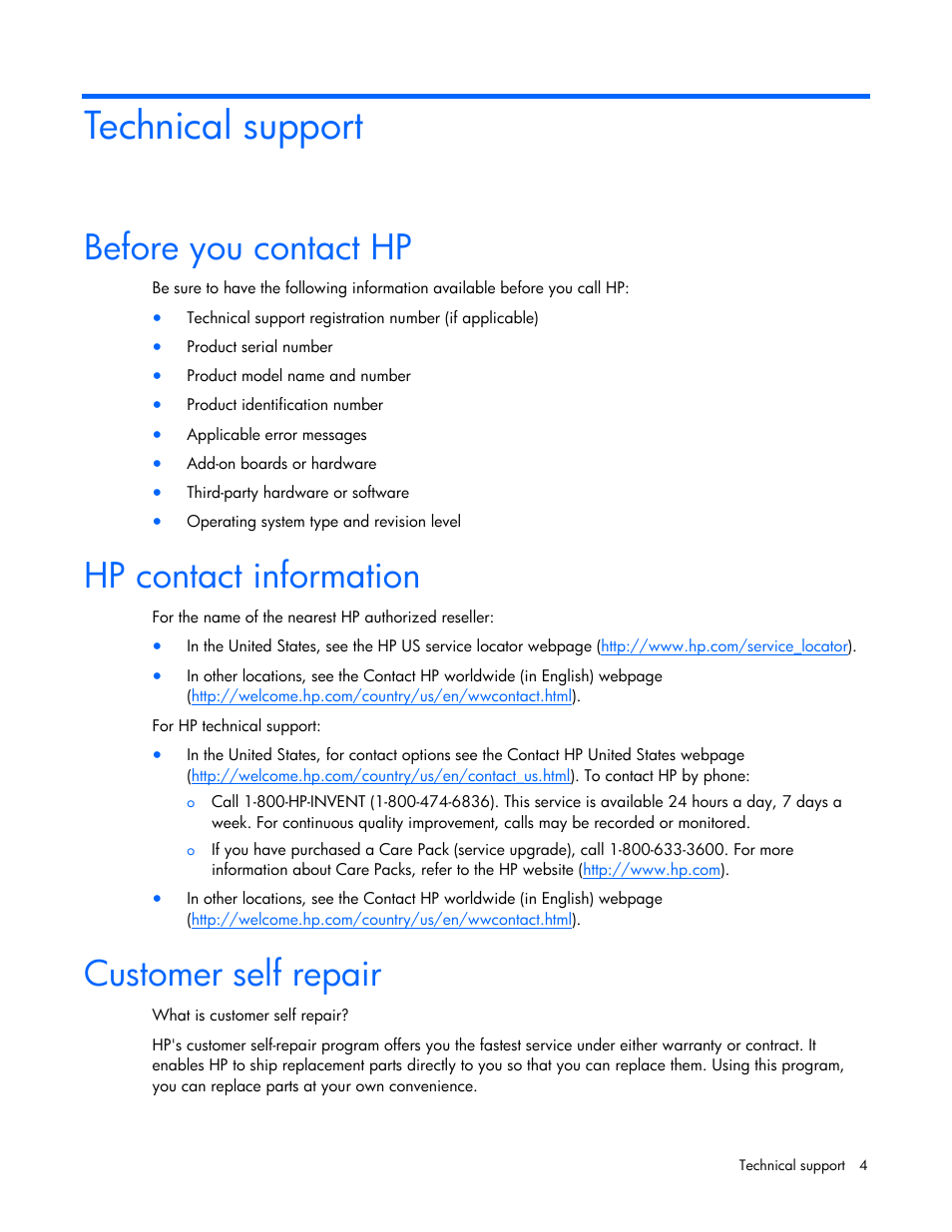 Technical support, Before you contact hp, Hp contact information | Customer self repair | HP ProLiant DL380 G5 Server User Manual | Page 4 / 20