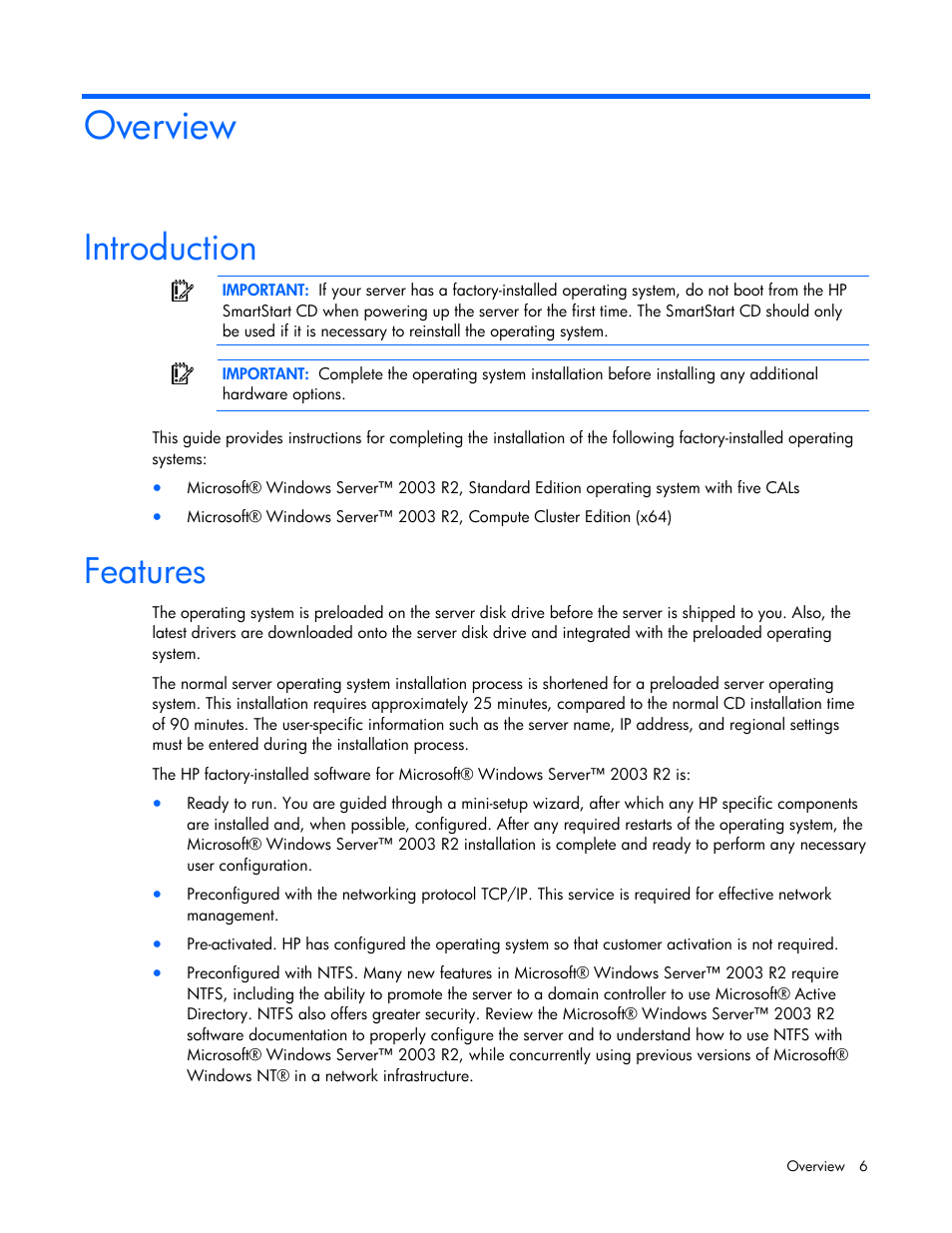 Overview, Introduction, Features | HP ProLiant DL380 G5 Server User Manual | Page 6 / 20