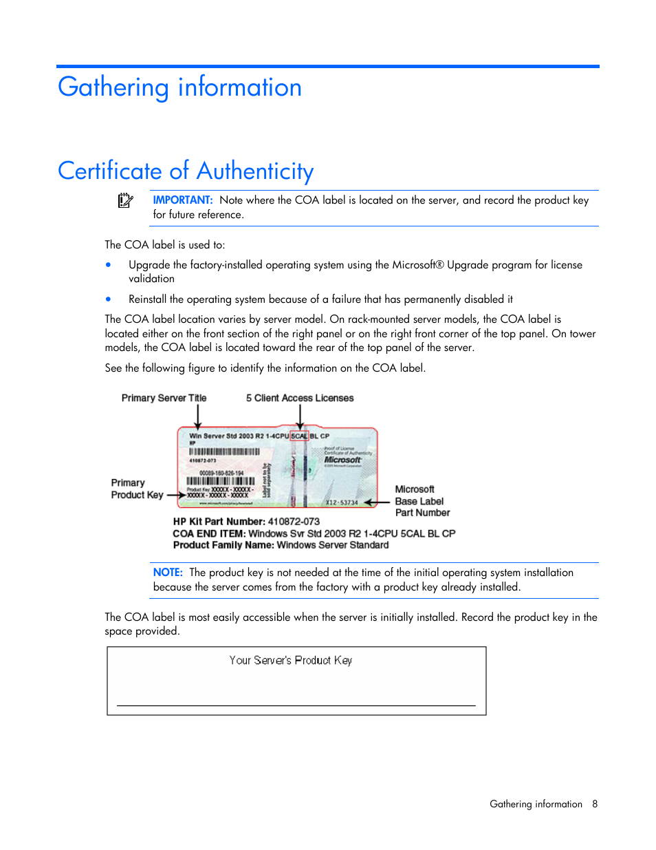 Gathering information, Certificate of authenticity | HP ProLiant DL380 G5 Server User Manual | Page 8 / 20