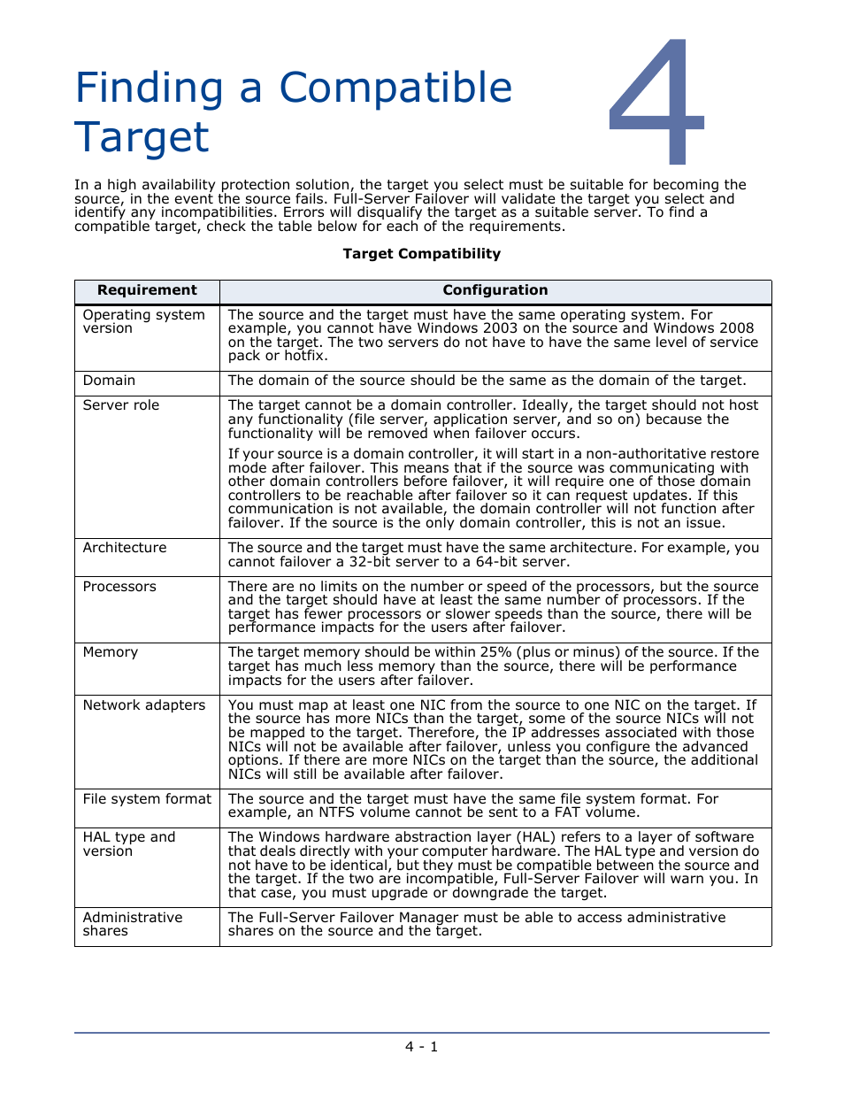 Finding a compatible target, Chapter 4 finding a compatible target -1 | HP Storage Mirroring V5.1 Software User Manual | Page 13 / 27