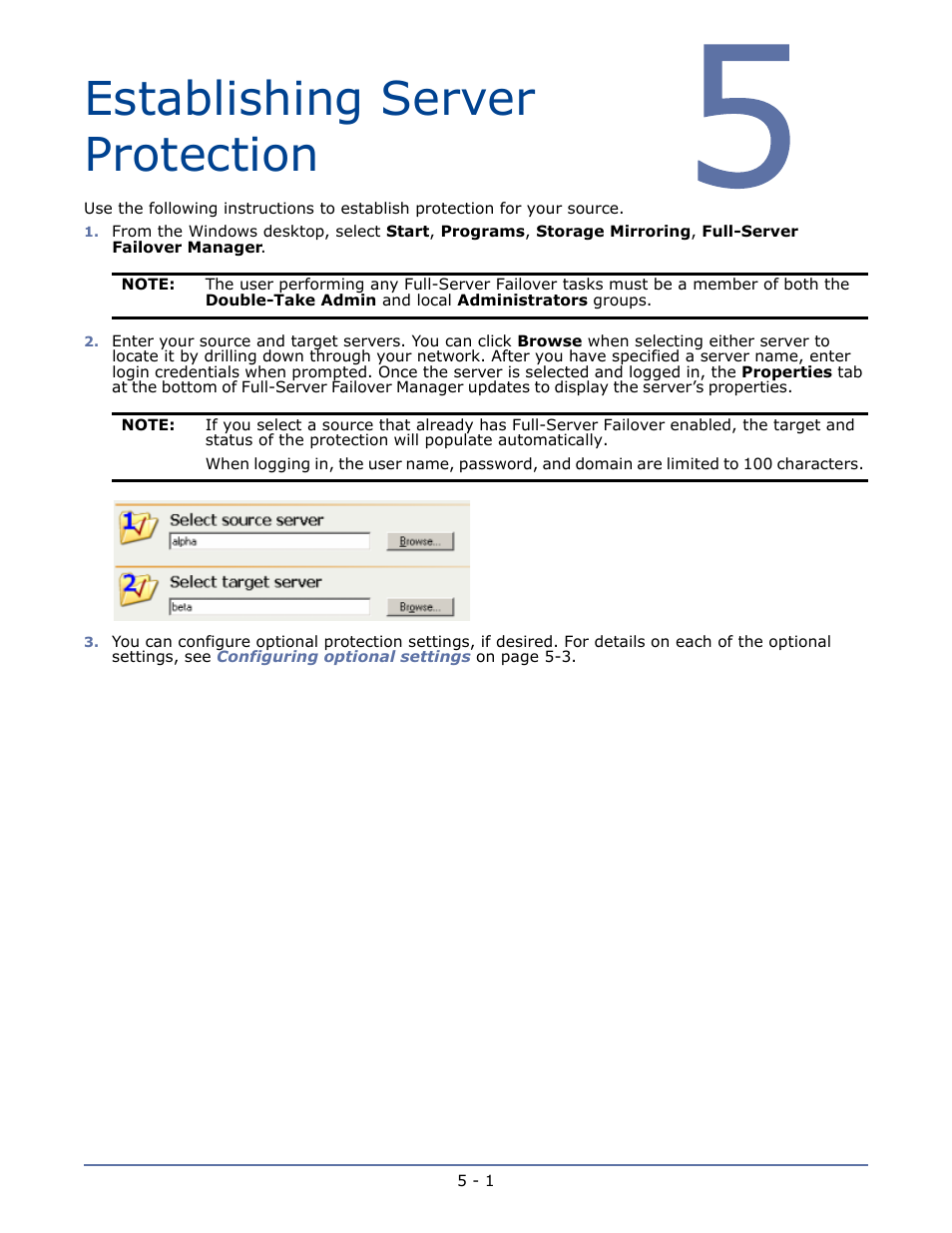 Establishing server protection, Chapter 5 establishing server protection -1 | HP Storage Mirroring V5.1 Software User Manual | Page 15 / 27