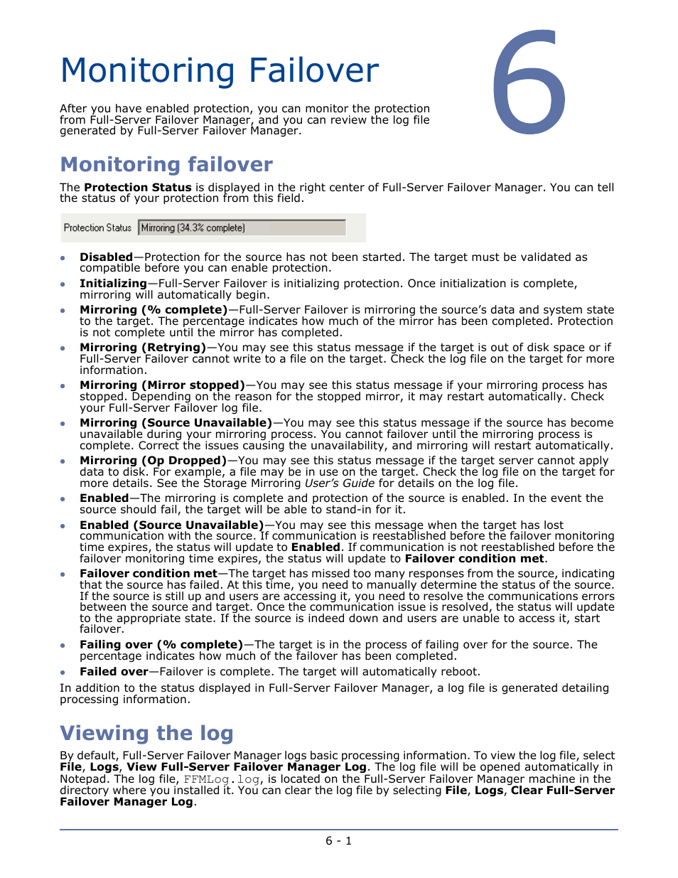Monitoring failover, Viewing the log, Chapter 6 monitoring failover -1 | Monitoring failover -1 viewing the log -1 | HP Storage Mirroring V5.1 Software User Manual | Page 20 / 27