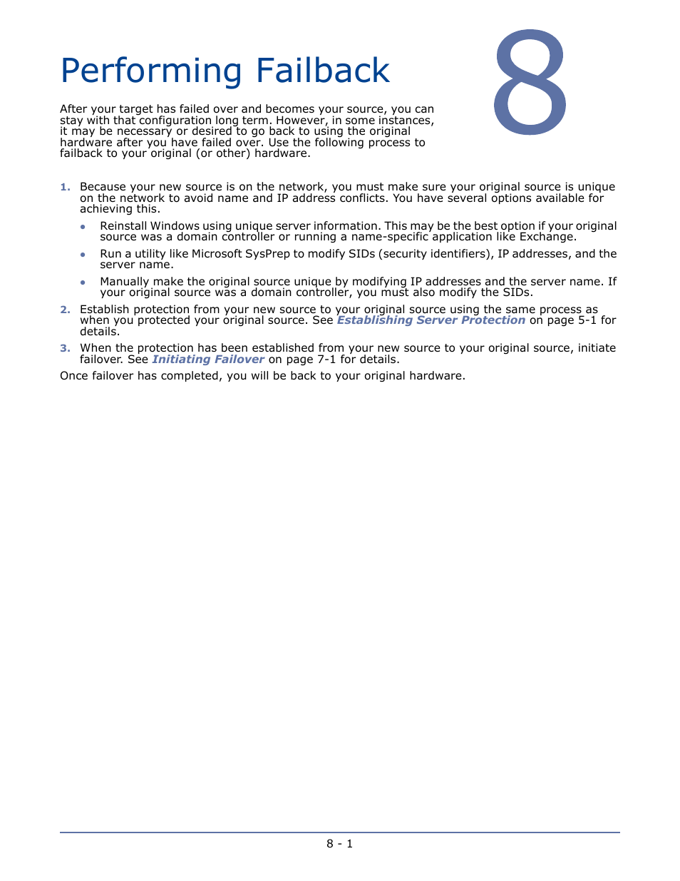 Performing failback, Chapter 8 performing failback -1 | HP Storage Mirroring V5.1 Software User Manual | Page 24 / 27