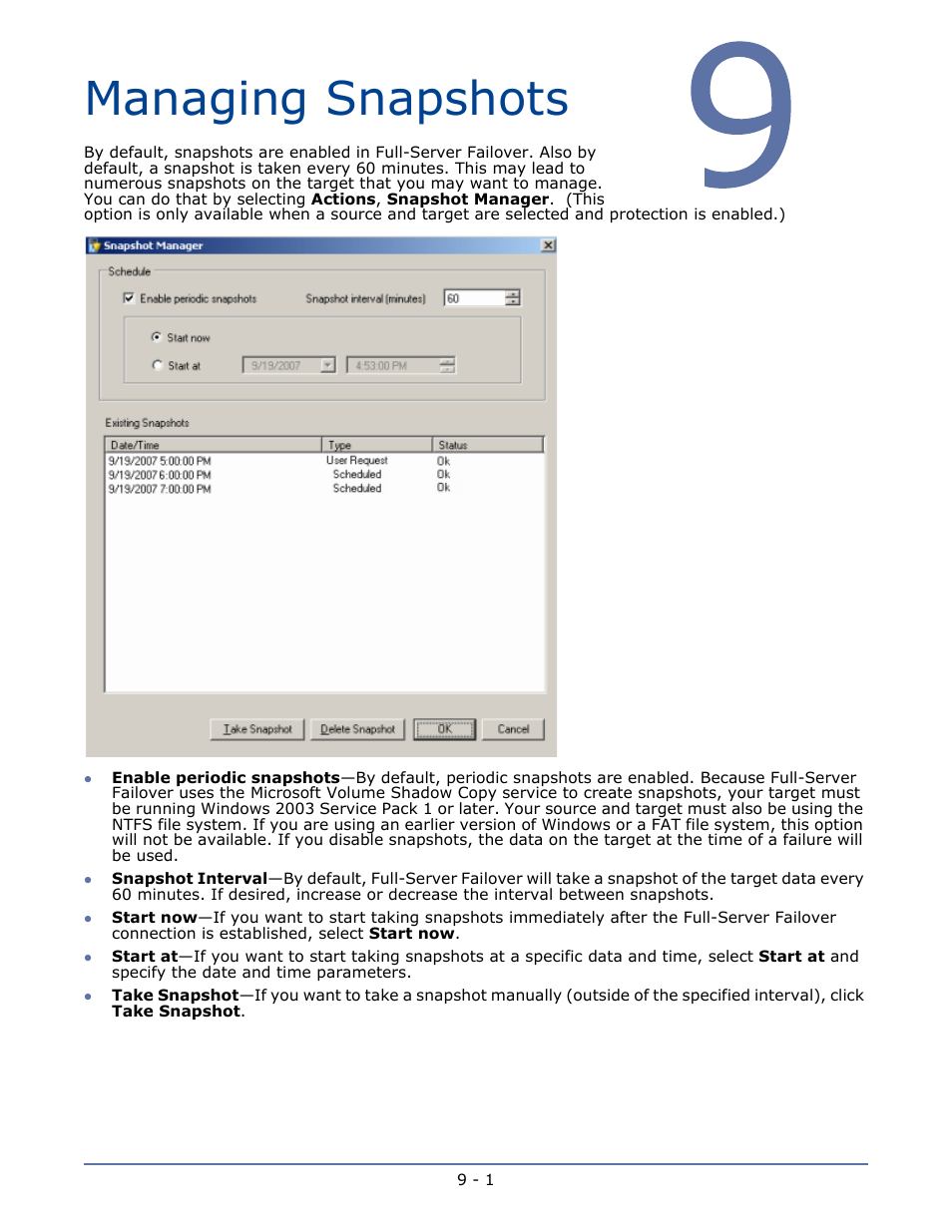 Managing snapshots, Chapter 9 managing snapshots -1 | HP Storage Mirroring V5.1 Software User Manual | Page 25 / 27