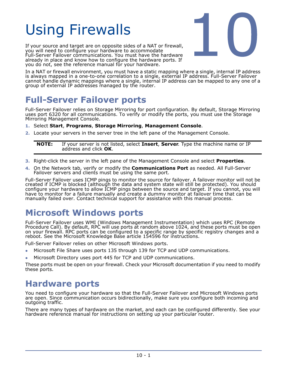 Using firewalls, Full-server failover ports, Microsoft windows ports | Hardware ports | HP Storage Mirroring V5.1 Software User Manual | Page 27 / 27