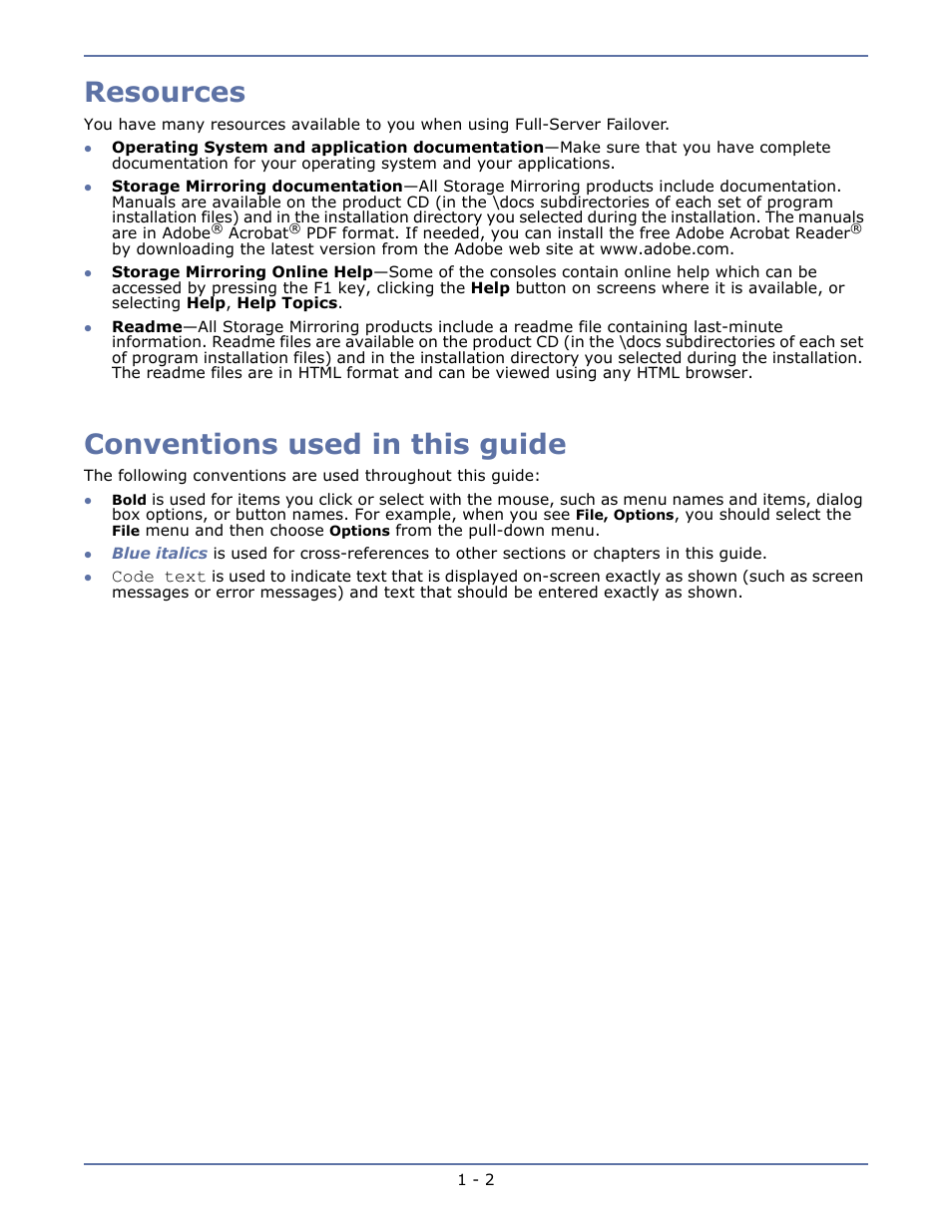 Resources, Conventions used in this guide, Resources -2 conventions used in this guide -2 | HP Storage Mirroring V5.1 Software User Manual | Page 5 / 27