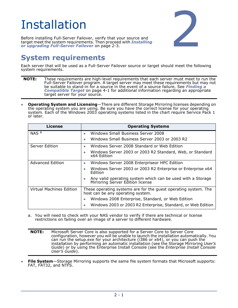 Installation, System requirements, Chapter 2 installation -1 | System requirements -1 | HP Storage Mirroring V5.1 Software User Manual | Page 6 / 27