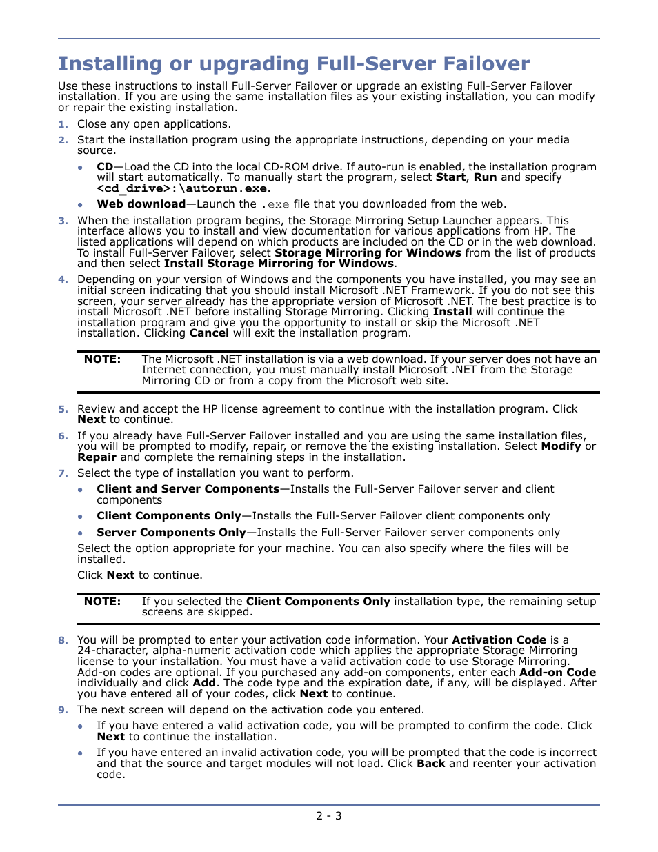 Installing or upgrading full-server failover, Installing or upgrading full-server failover -3, Installing | Or upgrading full-server failover | HP Storage Mirroring V5.1 Software User Manual | Page 8 / 27