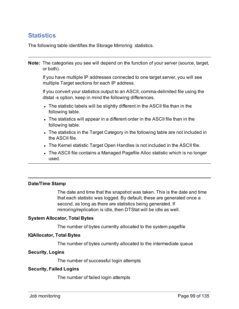 Statistics | HP Storage Mirroring Software User Manual | Page 100 / 136