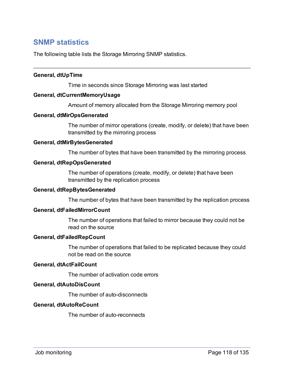 Snmp statistics | HP Storage Mirroring Software User Manual | Page 119 / 136