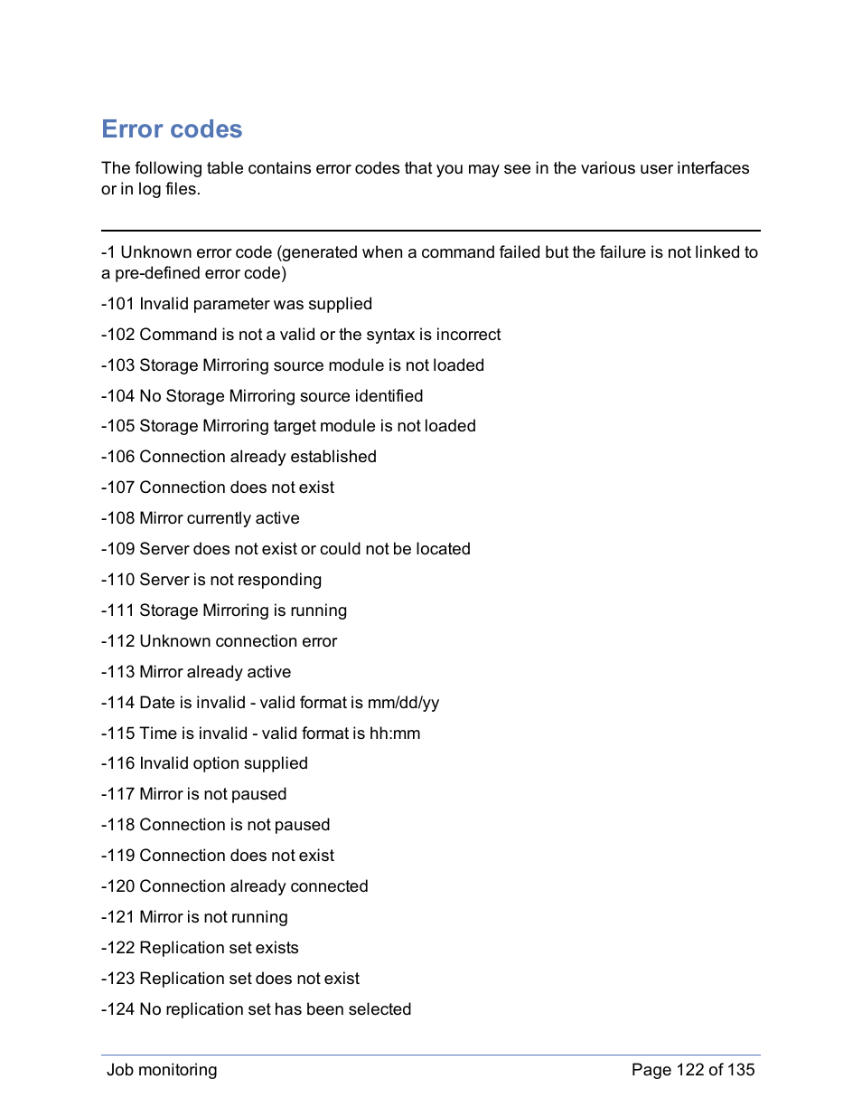 Error codes | HP Storage Mirroring Software User Manual | Page 123 / 136