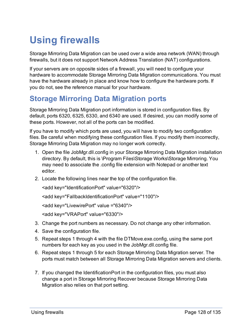 Using firewalls, Storage mirroring data migration ports | HP Storage Mirroring Software User Manual | Page 129 / 136