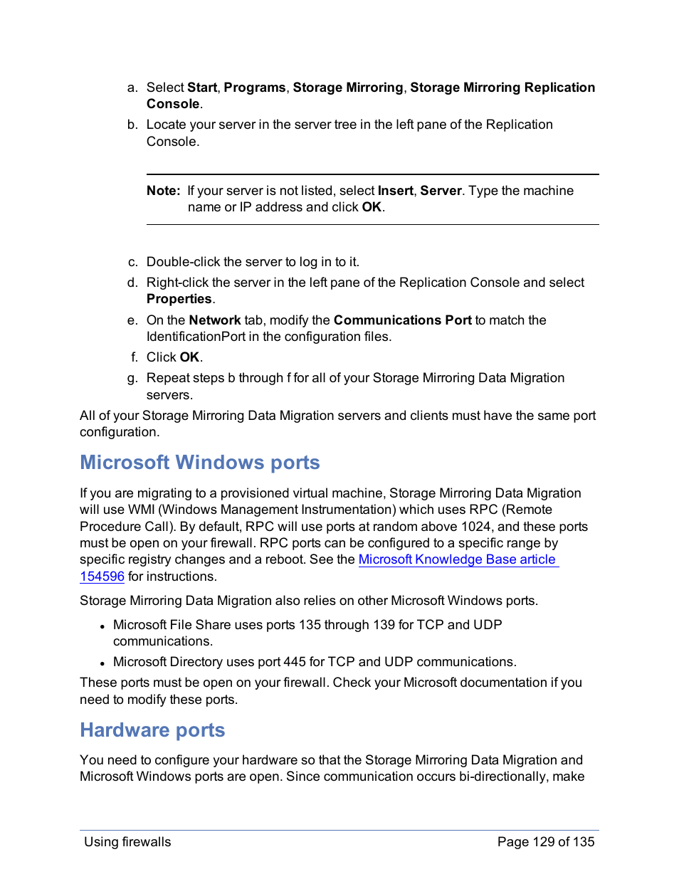 Microsoft windows ports, Hardware ports | HP Storage Mirroring Software User Manual | Page 130 / 136