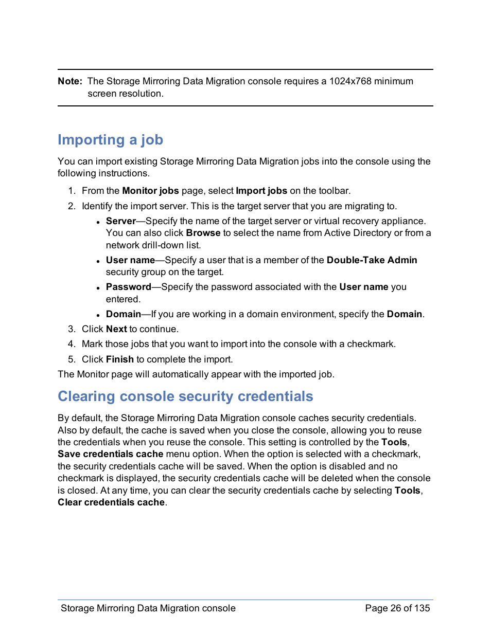 Importing a job, Clearing console security credentials | HP Storage Mirroring Software User Manual | Page 27 / 136