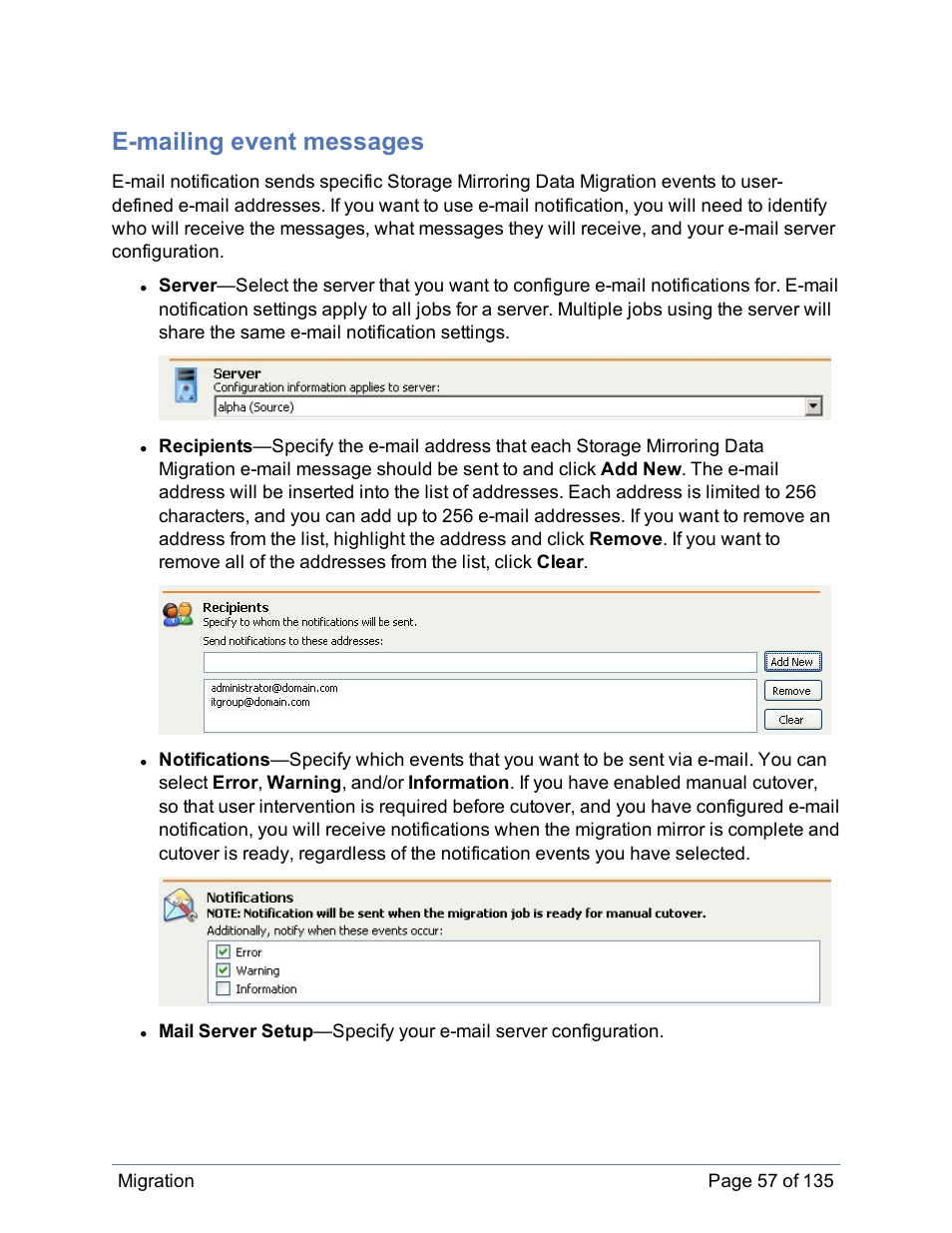 E-mailing event messages, E-mailing target event messages | HP Storage Mirroring Software User Manual | Page 58 / 136