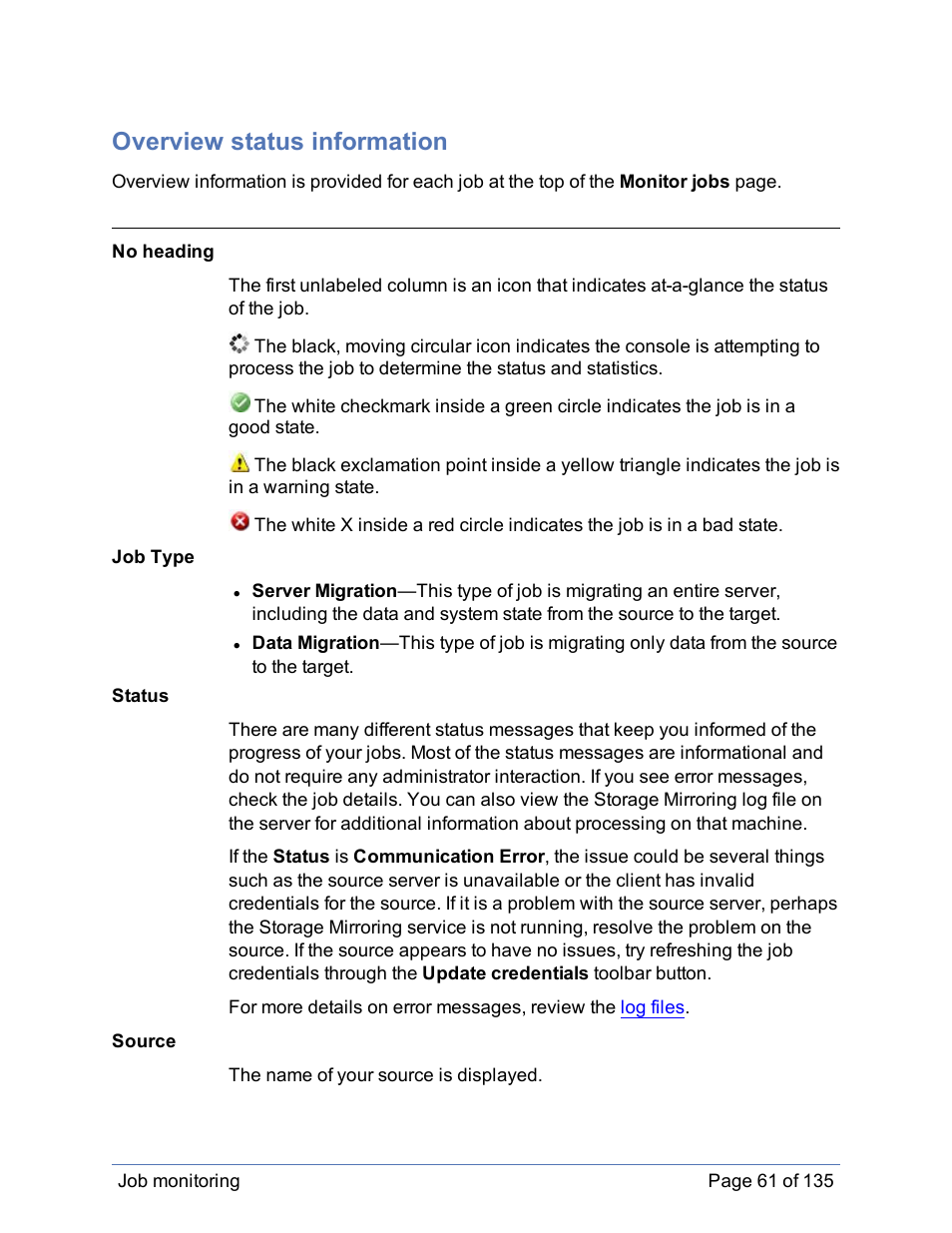 Overview status information | HP Storage Mirroring Software User Manual | Page 62 / 136