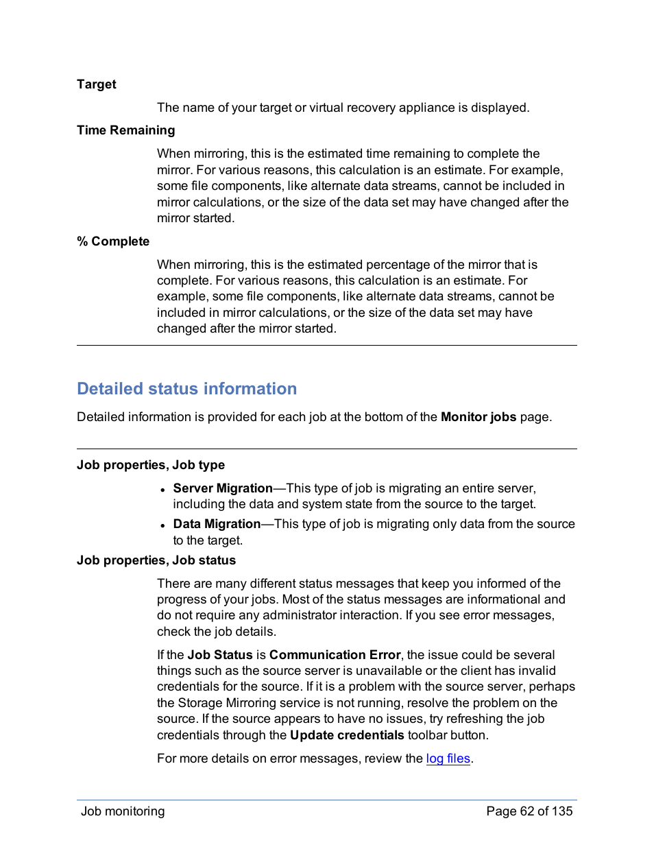 Detailed status information | HP Storage Mirroring Software User Manual | Page 63 / 136