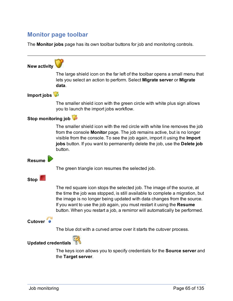 Monitor page toolbar | HP Storage Mirroring Software User Manual | Page 66 / 136