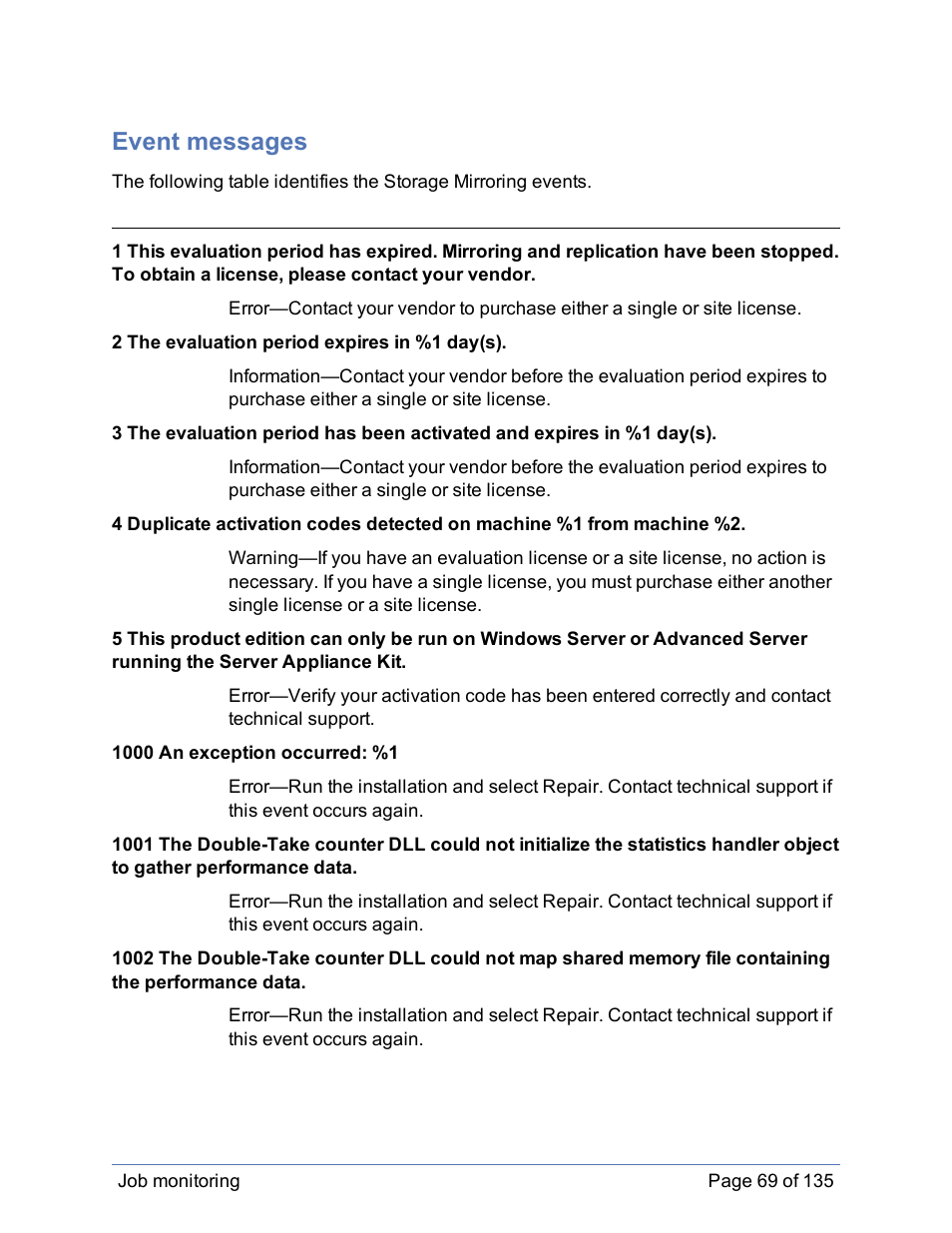 Event messages | HP Storage Mirroring Software User Manual | Page 70 / 136