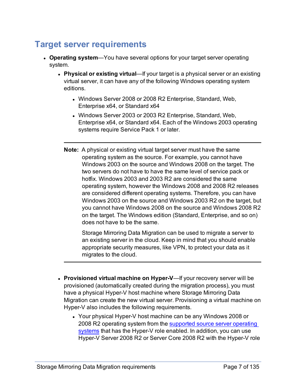 Target server requirements | HP Storage Mirroring Software User Manual | Page 8 / 136