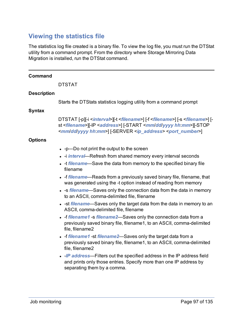 Viewing the statistics file | HP Storage Mirroring Software User Manual | Page 98 / 136