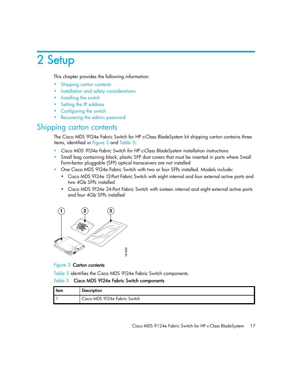 2 setup, Shipping carton contents | HP Cisco MDS 9124e Fabric Switch for BladeSystem c-Class User Manual | Page 17 / 68