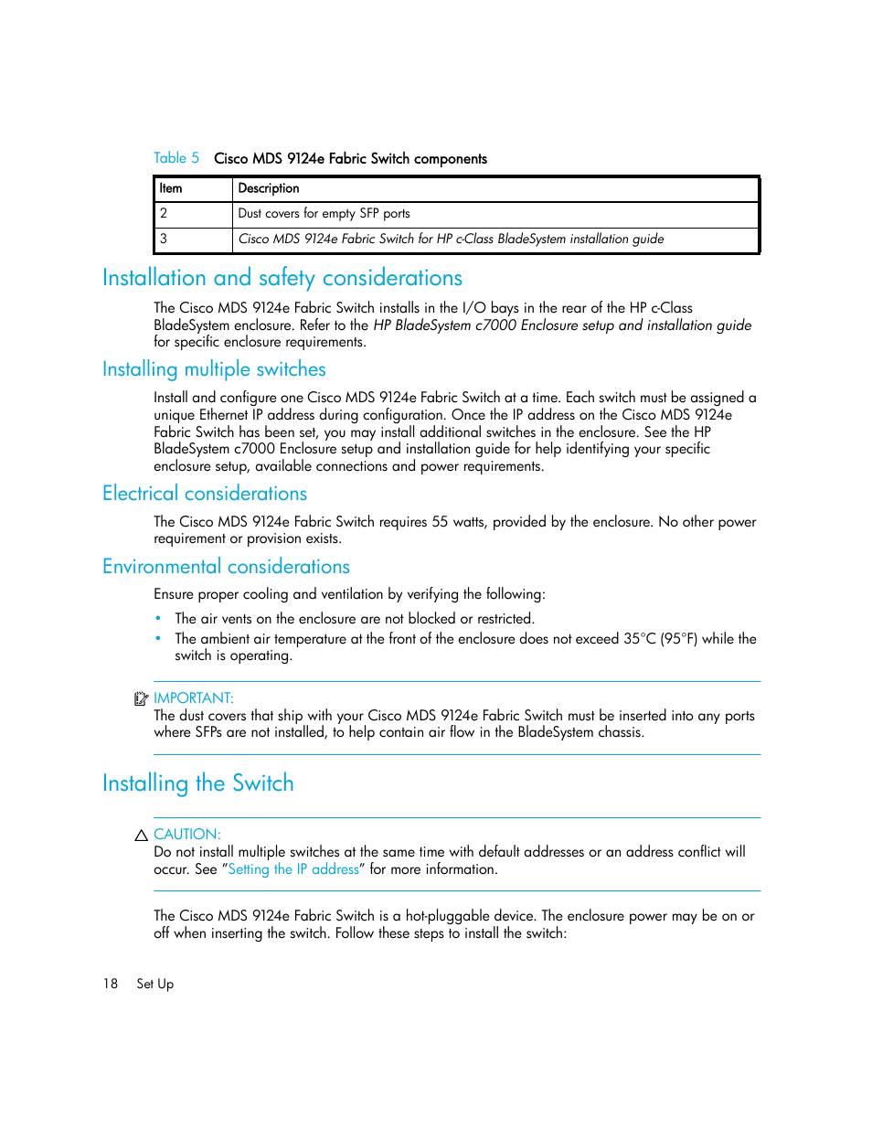 Installation and safety considerations, Installing multiple switches, Electrical considerations | Environmental considerations, Installing the switch | HP Cisco MDS 9124e Fabric Switch for BladeSystem c-Class User Manual | Page 18 / 68