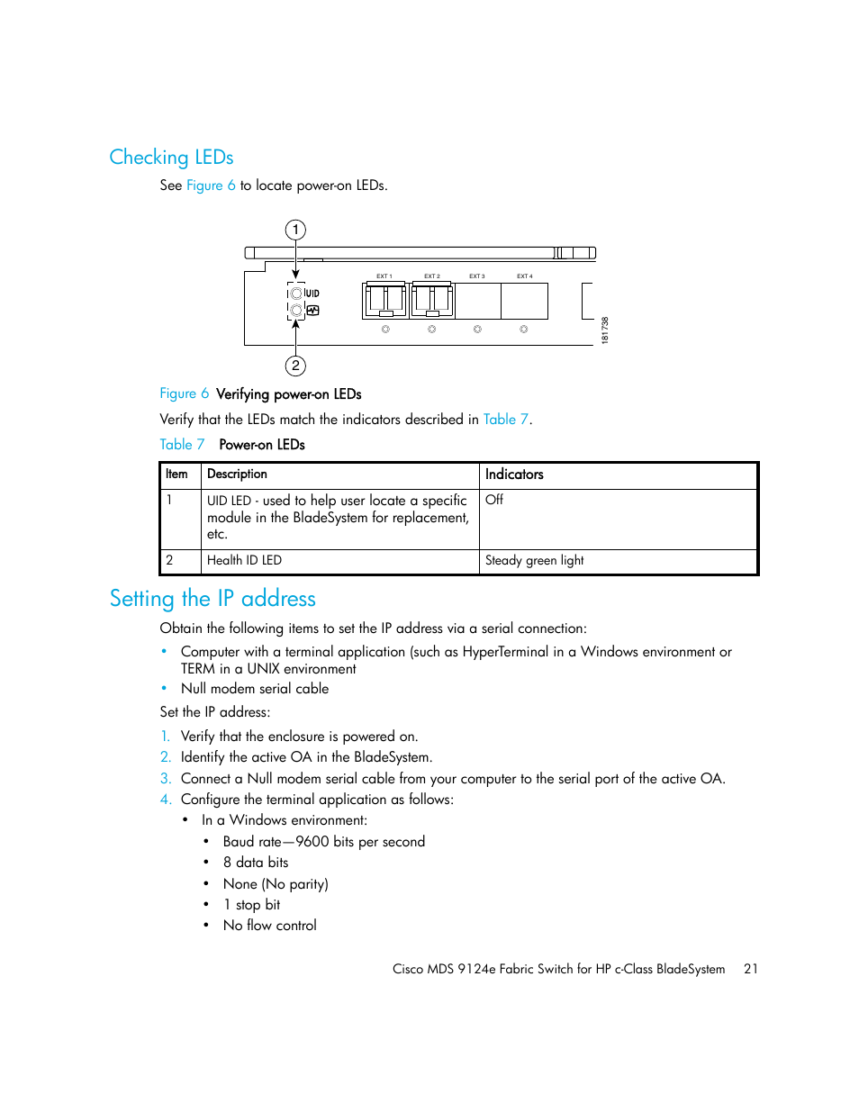 Checking leds, Setting the ip address | HP Cisco MDS 9124e Fabric Switch for BladeSystem c-Class User Manual | Page 21 / 68